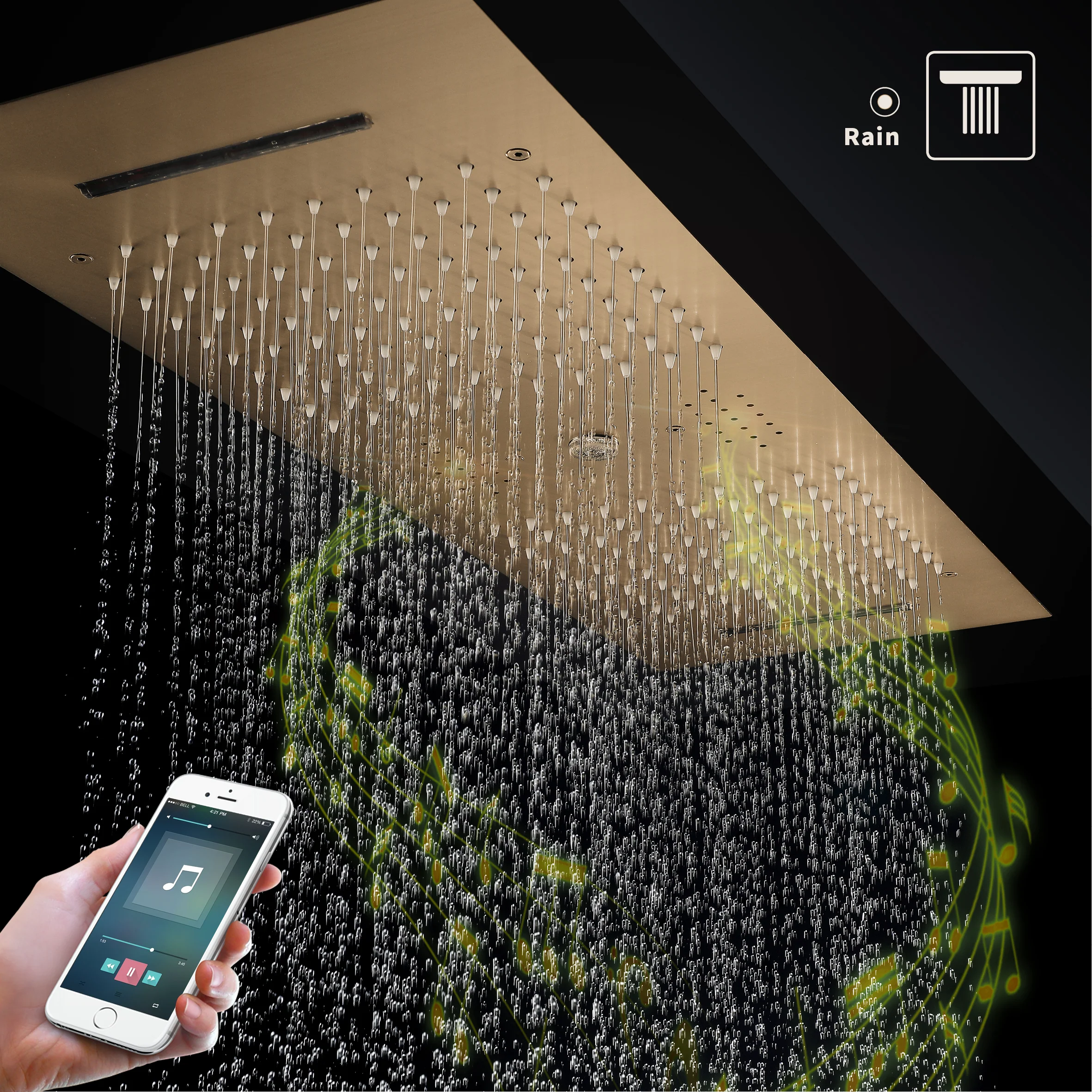 Champagne Bronze 35" Bluetooth Music LED Shower System with Waterfall, 6-Way Thermostatic Valve, 3 Body Jets,Regular Head Touch Panel - Image 4