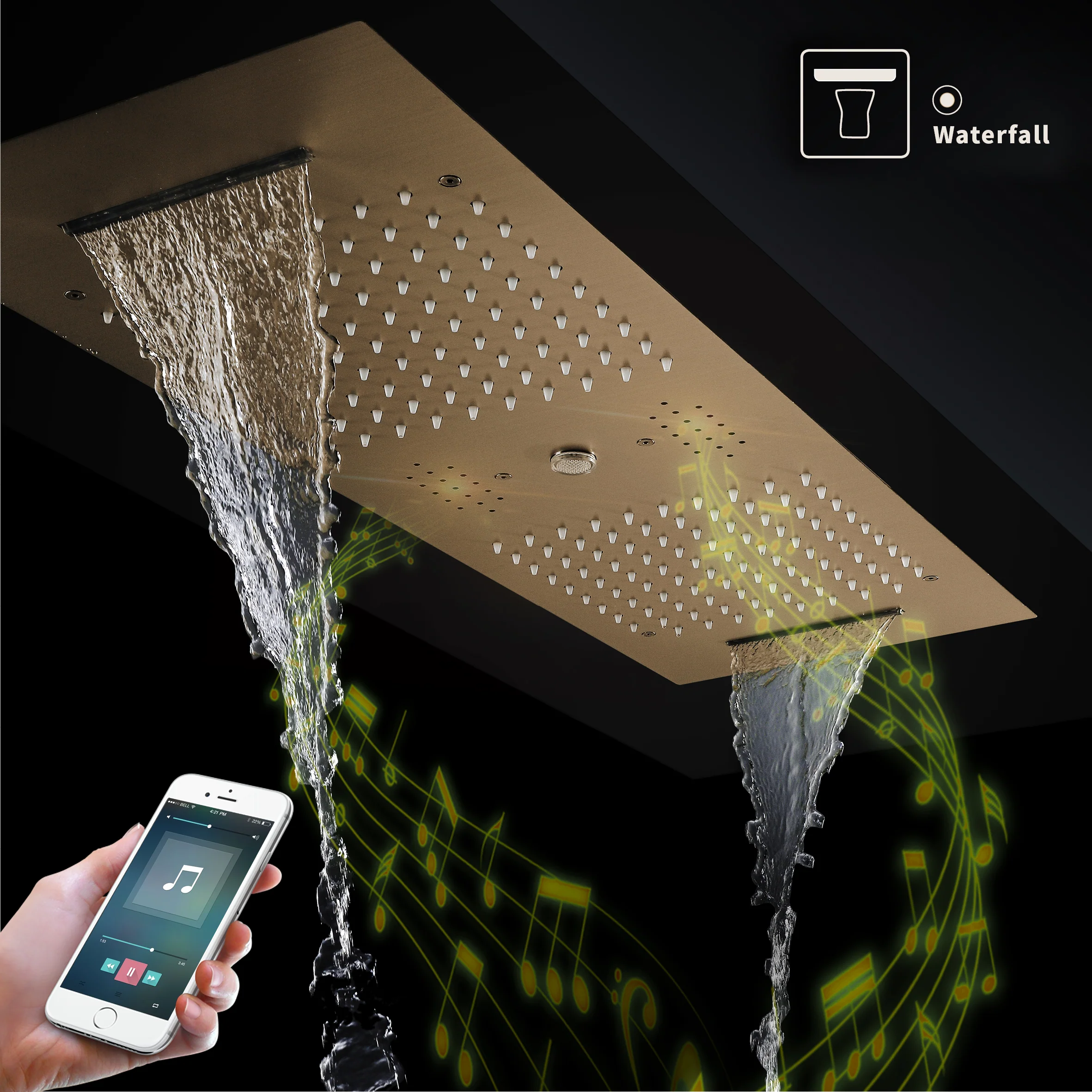 Champagne Bronze 35" Bluetooth Music LED Shower System with Waterfall, 6-Way Thermostatic Valve, 3 Body Jets,Regular Head Touch Panel - Image 5