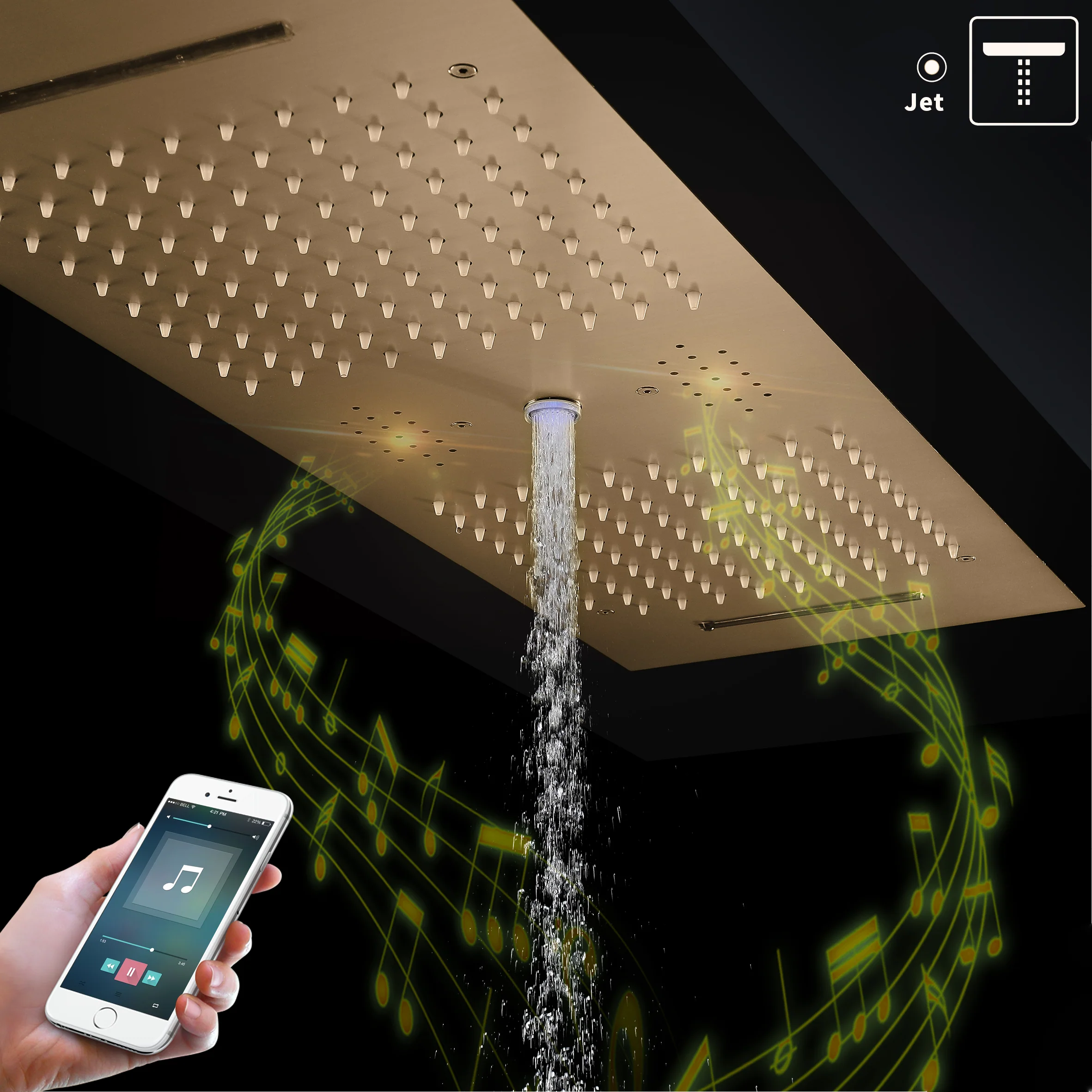 Champagne Bronze 35" Bluetooth Music LED Shower System with Waterfall, 6-Way Thermostatic Valve, 3 Body Jets,Regular Head Touch Panel - Image 6
