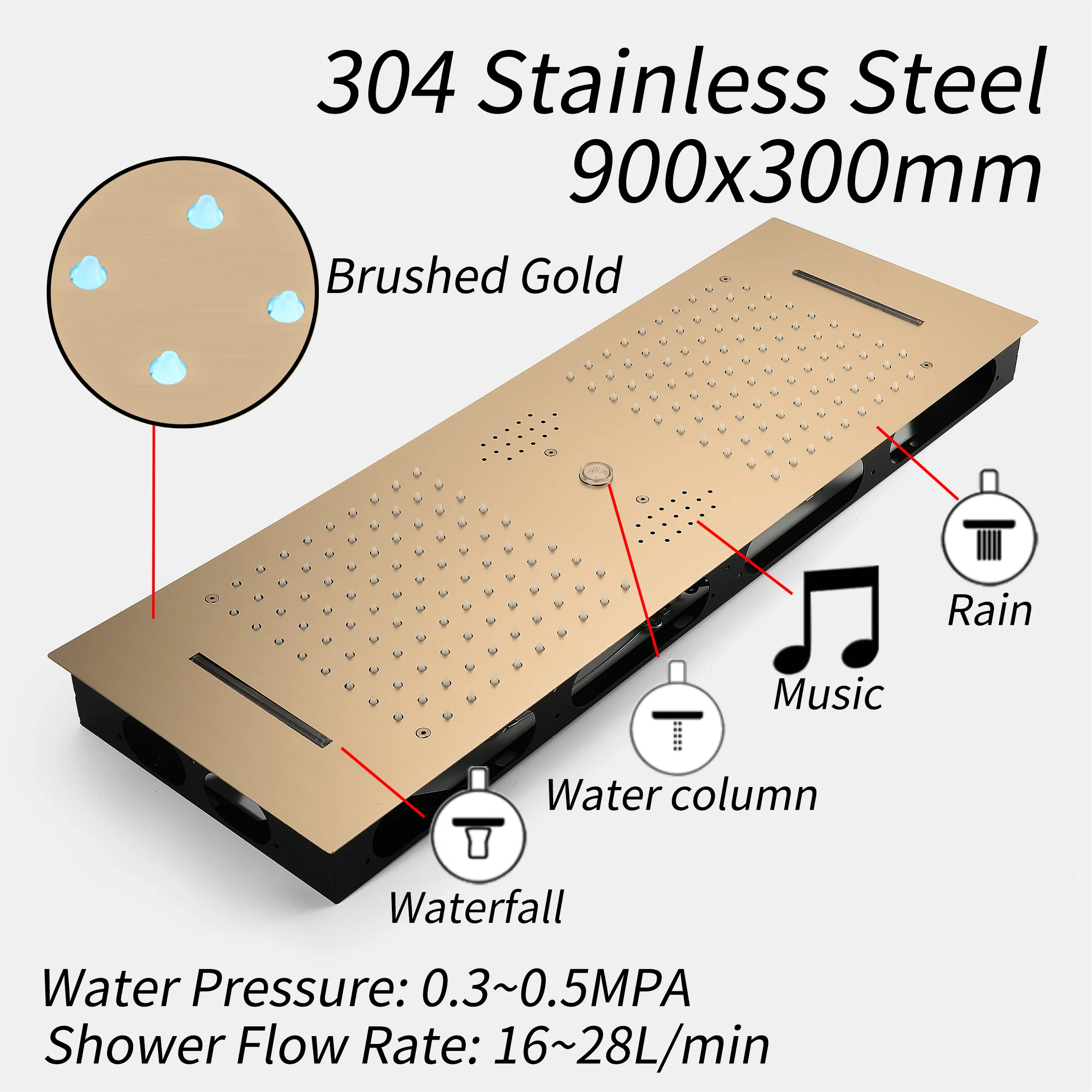 Champagne Bronze 35" Bluetooth Music LED Shower System with Waterfall, 6-Way Thermostatic Valve, 3 Body Jets,Regular Head Touch Panel - Image 7