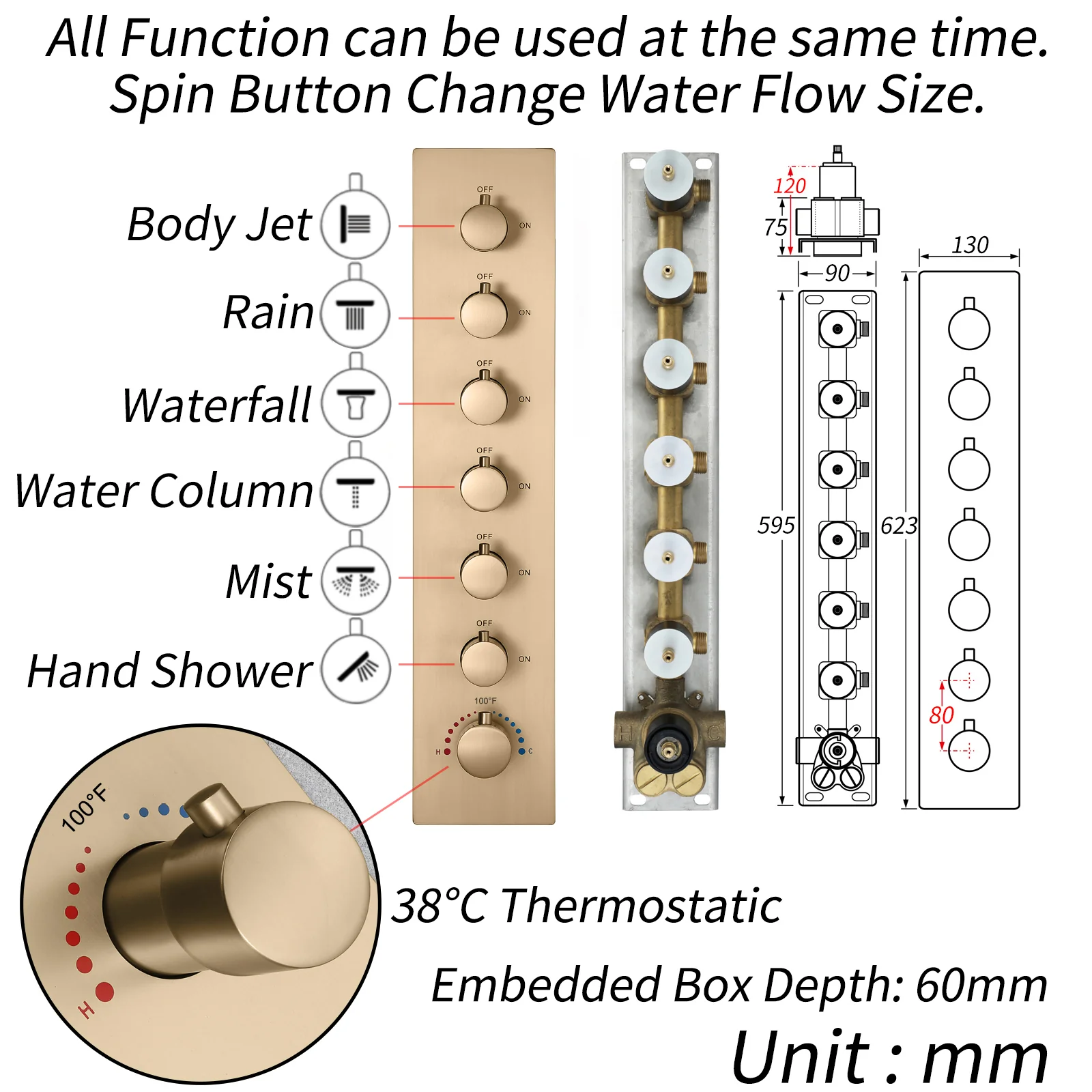 Champagne Bronze 35" Bluetooth Music LED Shower System with Waterfall, 6-Way Thermostatic Valve, 3 Body Jets,Regular Head Touch Panel - Image 9