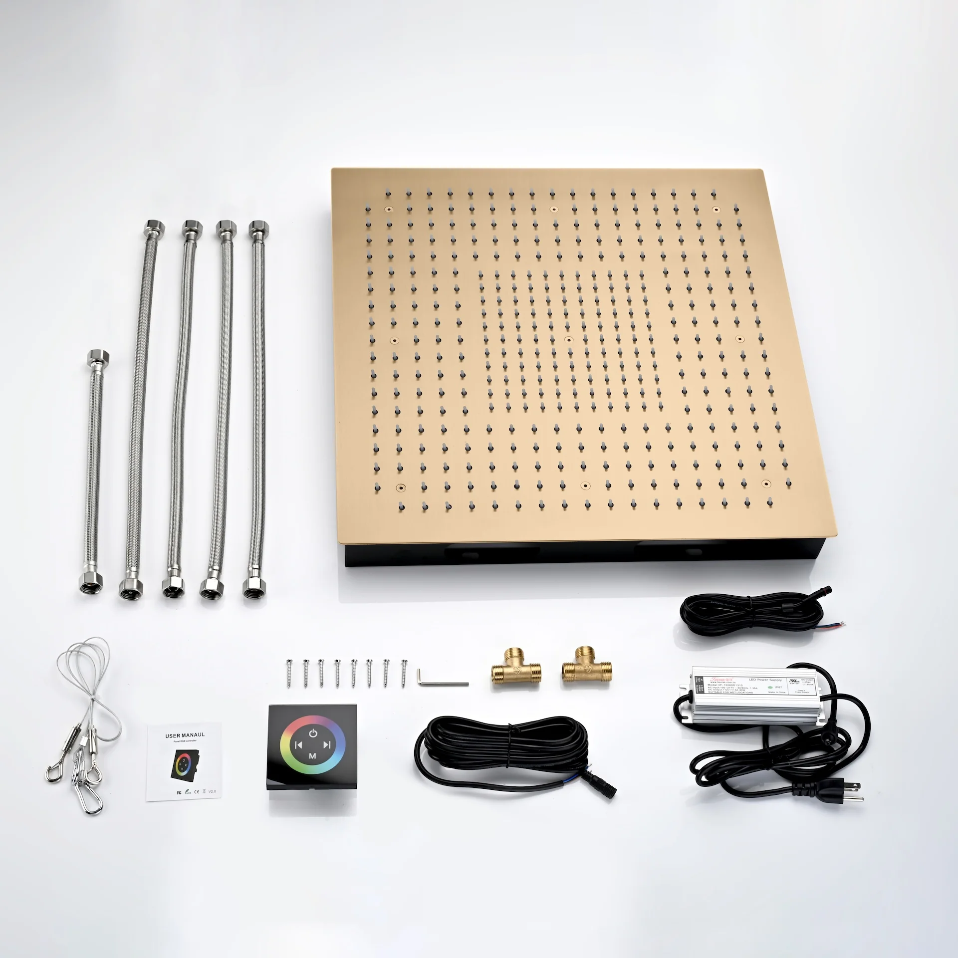 Champagne Bronze 6" Wall Mount High Pressure Shower Head with 20" Flush Mount LED Rainfall Head: 3-Way Thermostatic System - Image 8
