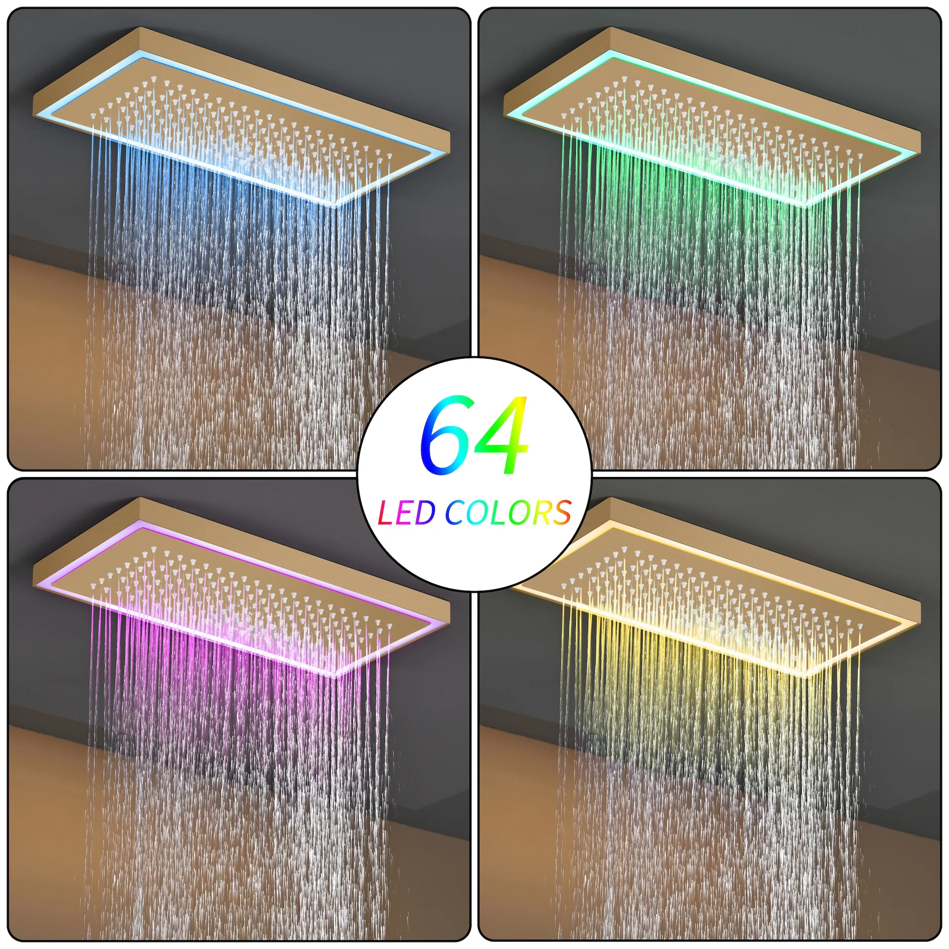 Champagne Bronze Flush Mount 32 x 8 inch Rainfall 64 LED Light Shower Head with 6-Way Thermostatic Faucet and High-Pressure Dual Regular Heads - Image 3