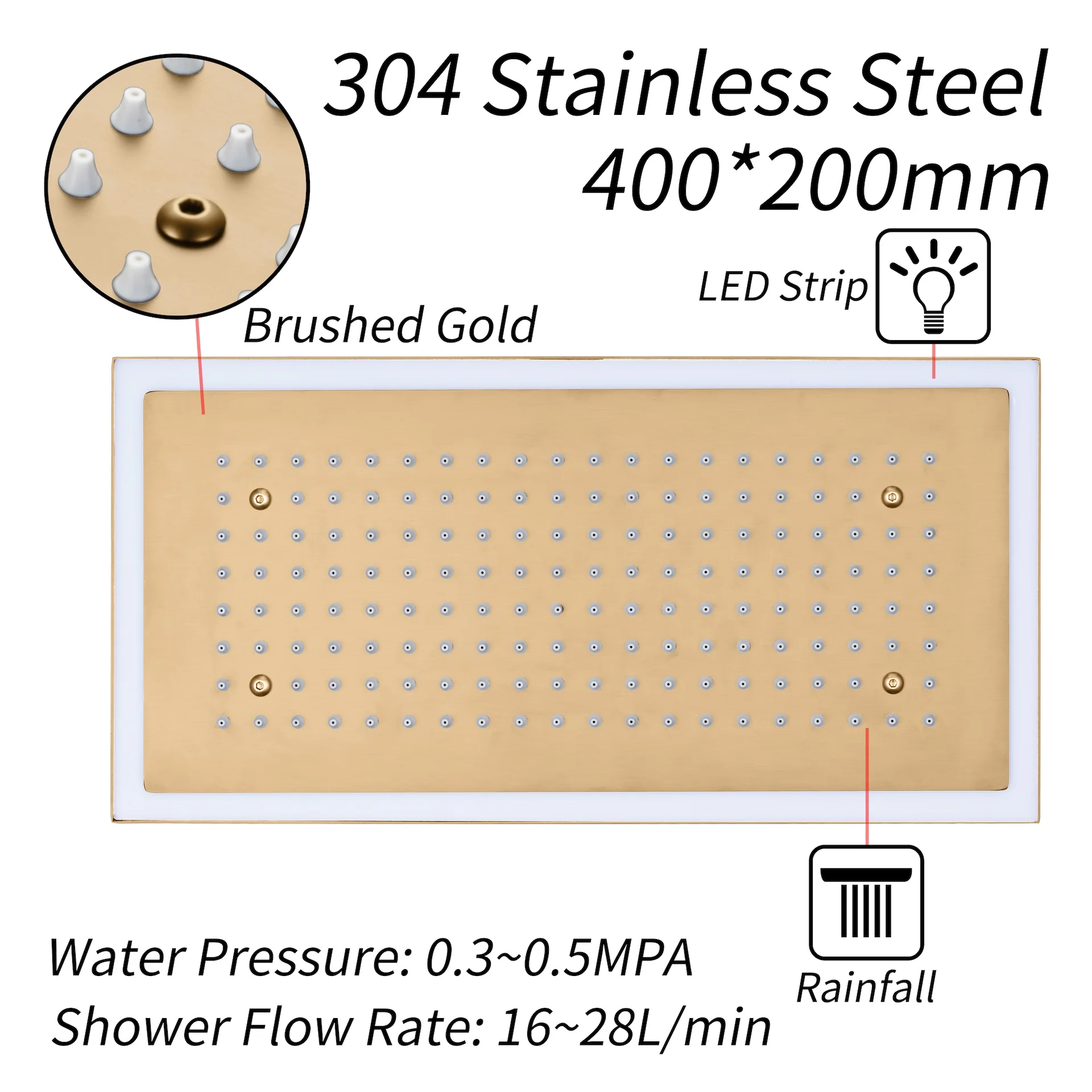 Champagne Bronze Flush Mount 32 x 8 inch Rainfall 64 LED Light Shower Head with 6-Way Thermostatic Faucet and High-Pressure Dual Regular Heads - Image 4