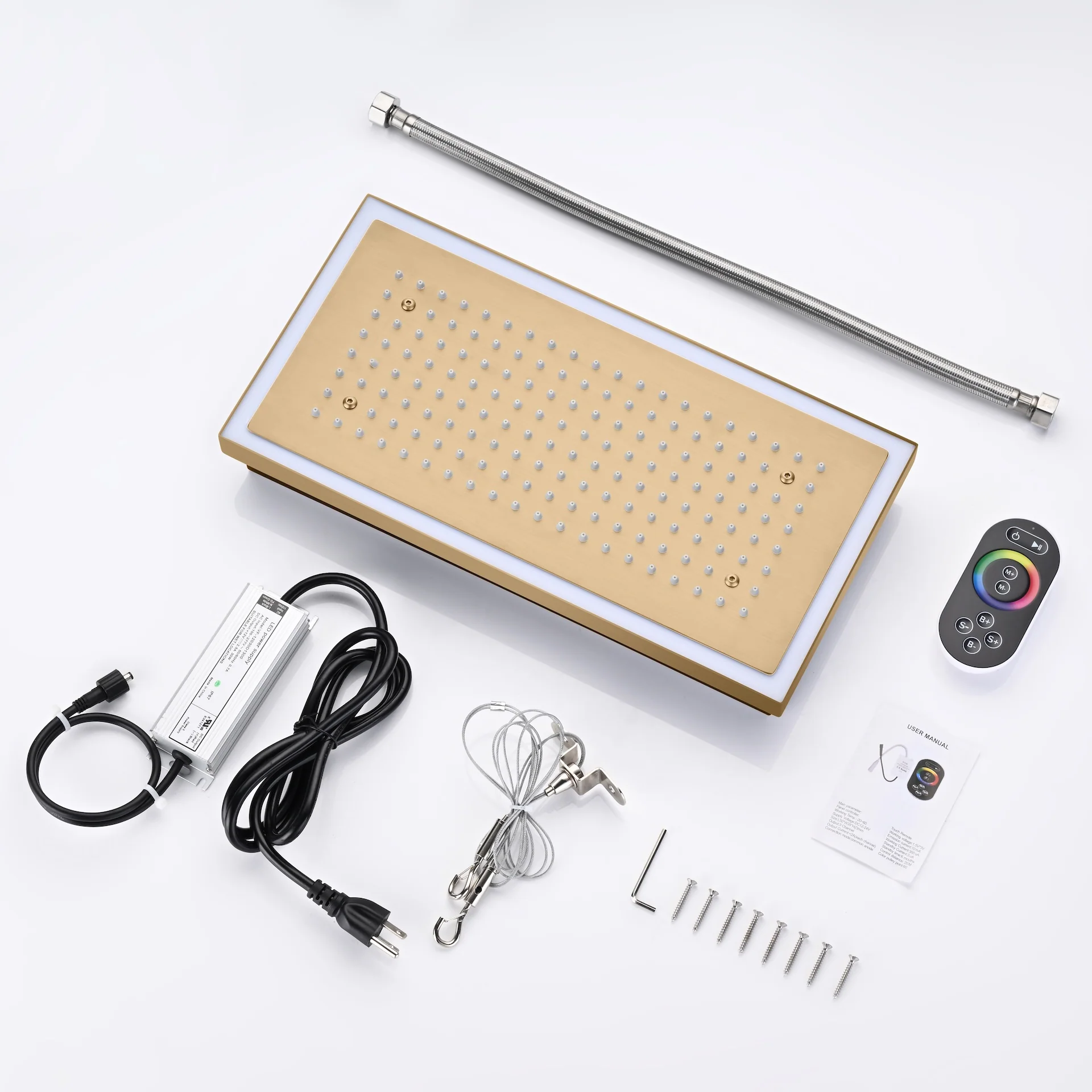 Champagne Bronze Flush Mount 32 x 8 inch Rainfall 64 LED Light Shower Head with 6-Way Thermostatic Faucet and High-Pressure Dual Regular Heads - Image 7