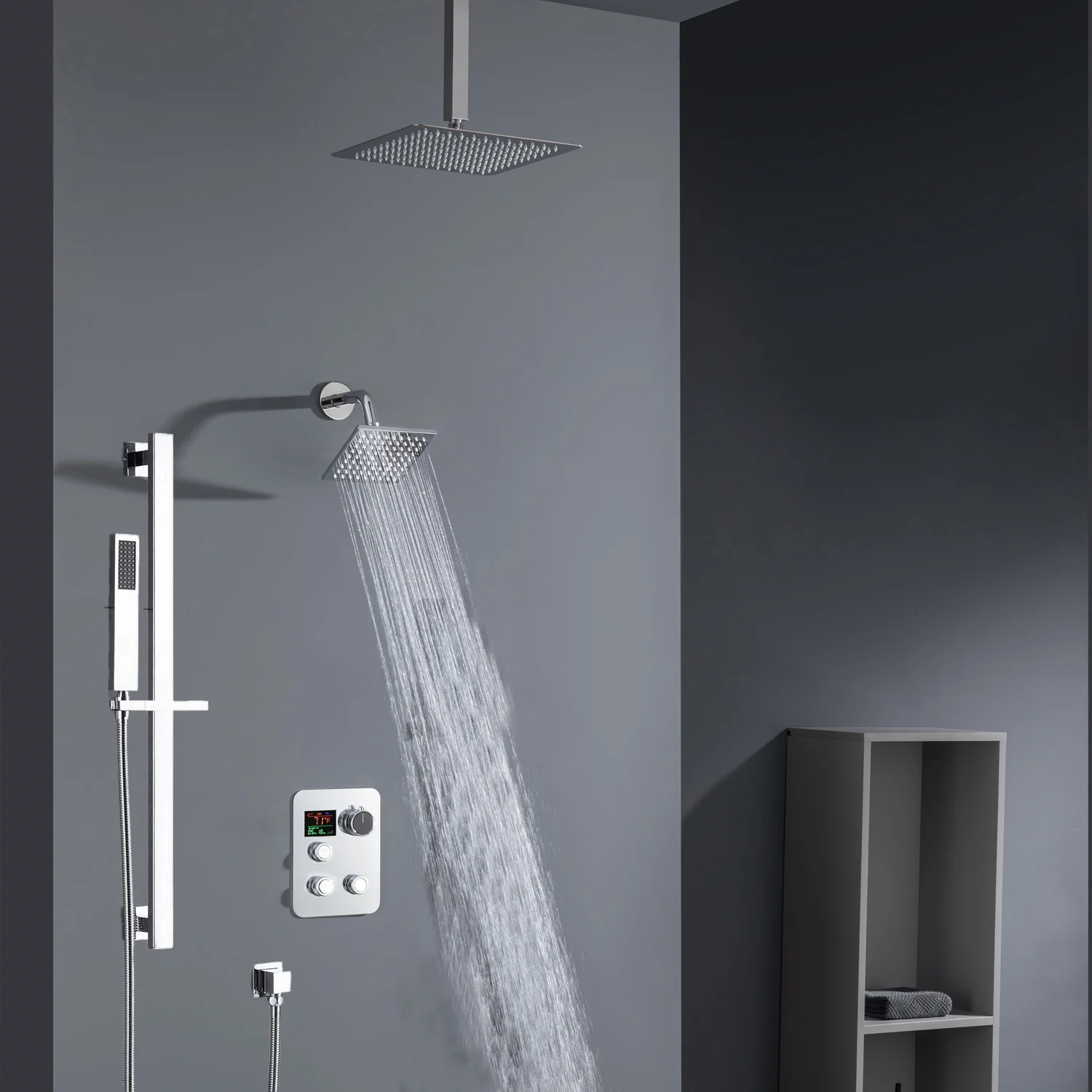 Chrome 16 inch LED light ceiling mount 3 way thermostatic shower faucet with regular head and sliding bar - Image 3