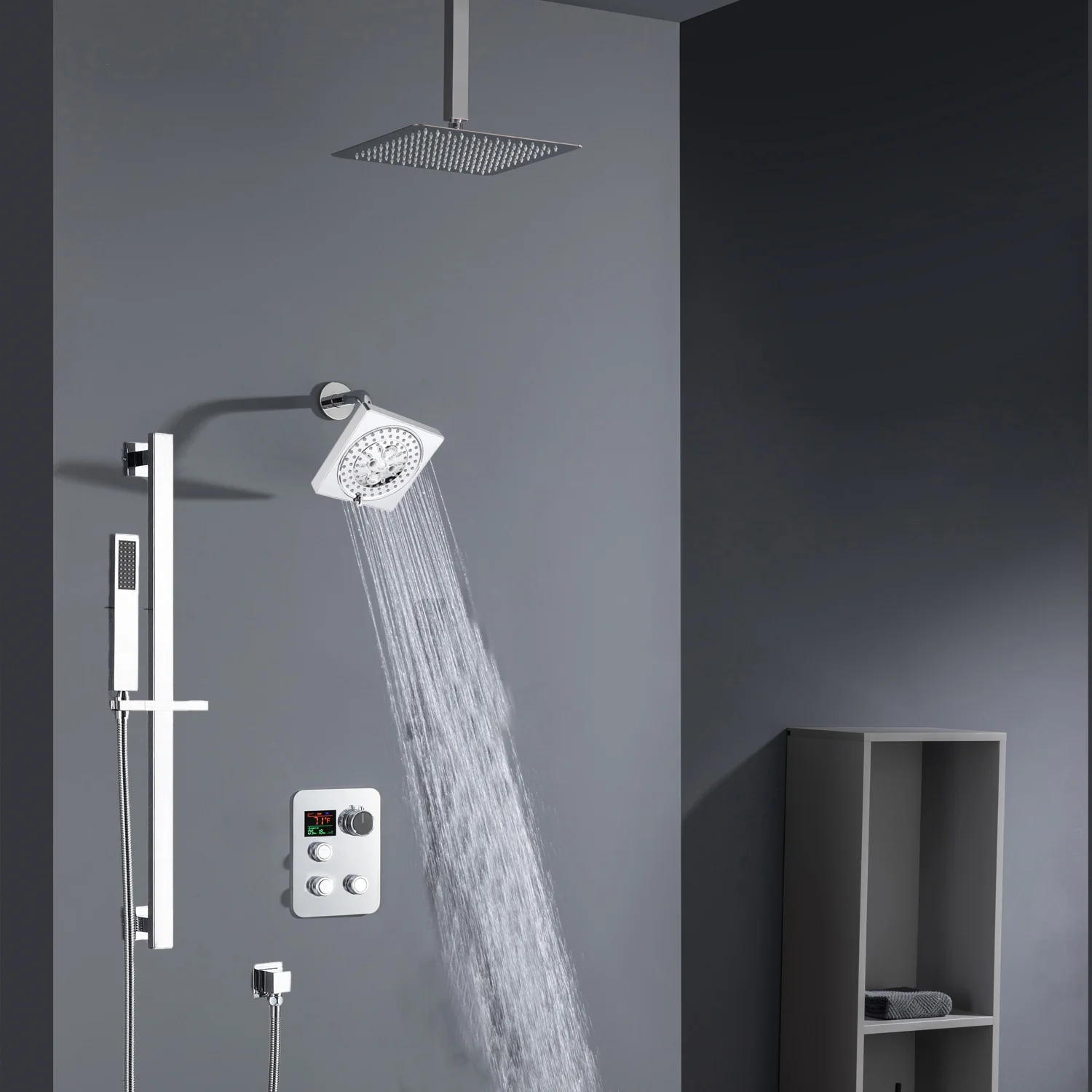 Chrome 16 inch LED light ceiling mount 3 way thermostatic shower faucet with regular head and sliding bar - Image 4