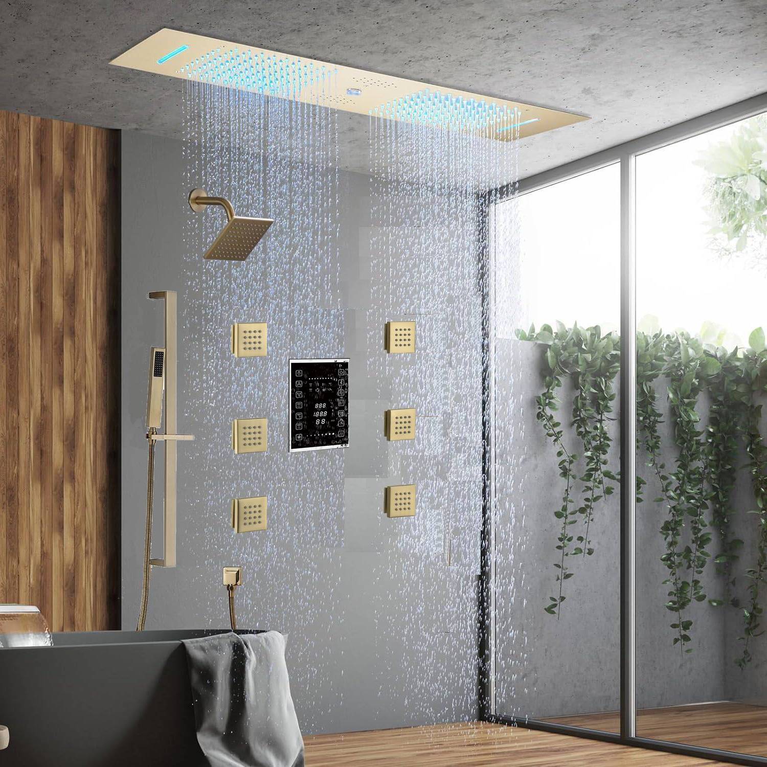 Chrome 35" Bluetooth Music LED Shower System with Waterfall, 6-Way Touch Display Thermostatic Valve, Regular Head, 6 Body Jets - Image 15