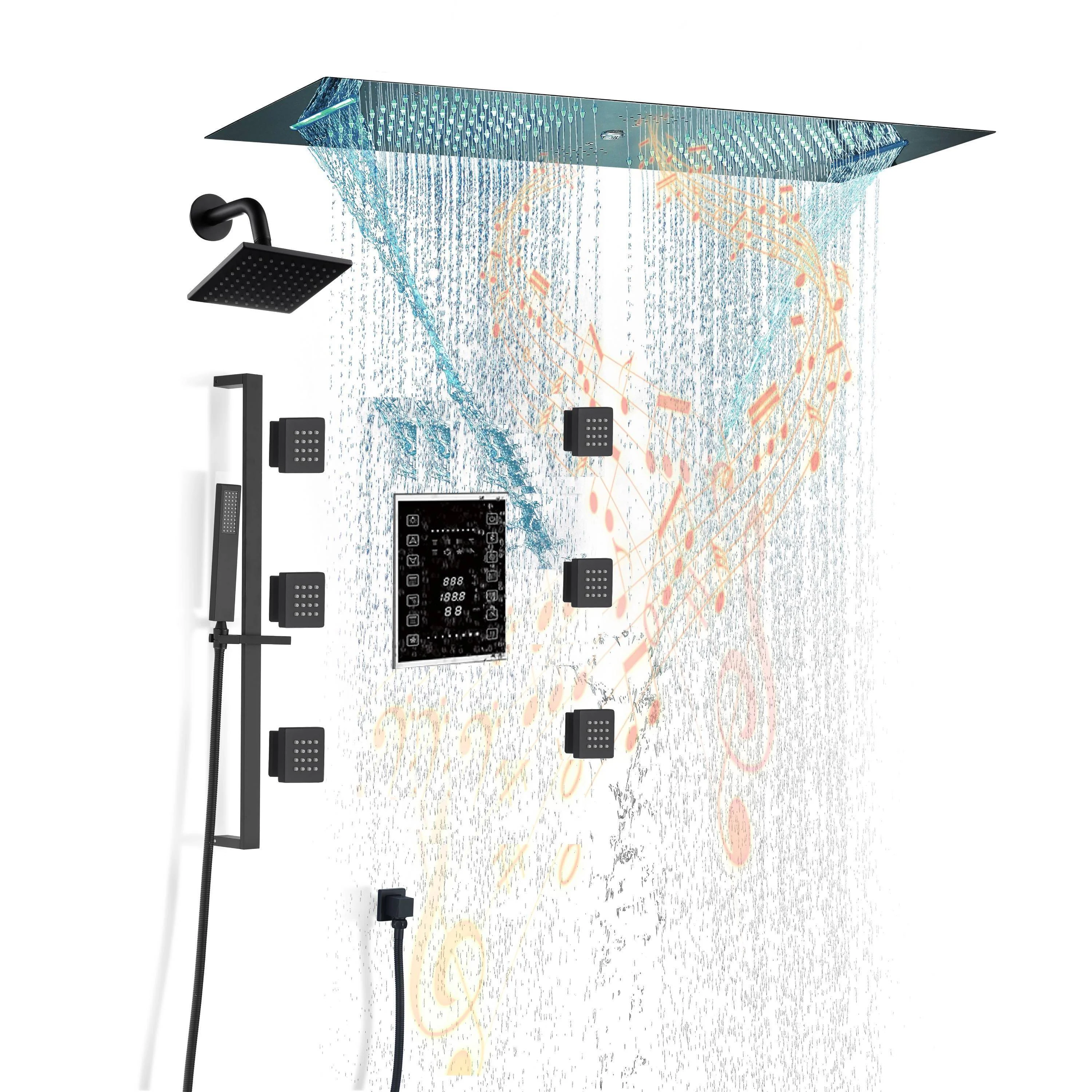Chrome 35" Bluetooth Music LED Shower System with Waterfall, 6-Way Touch Display Thermostatic Valve, Regular Head, 6 Body Jets - Image 16