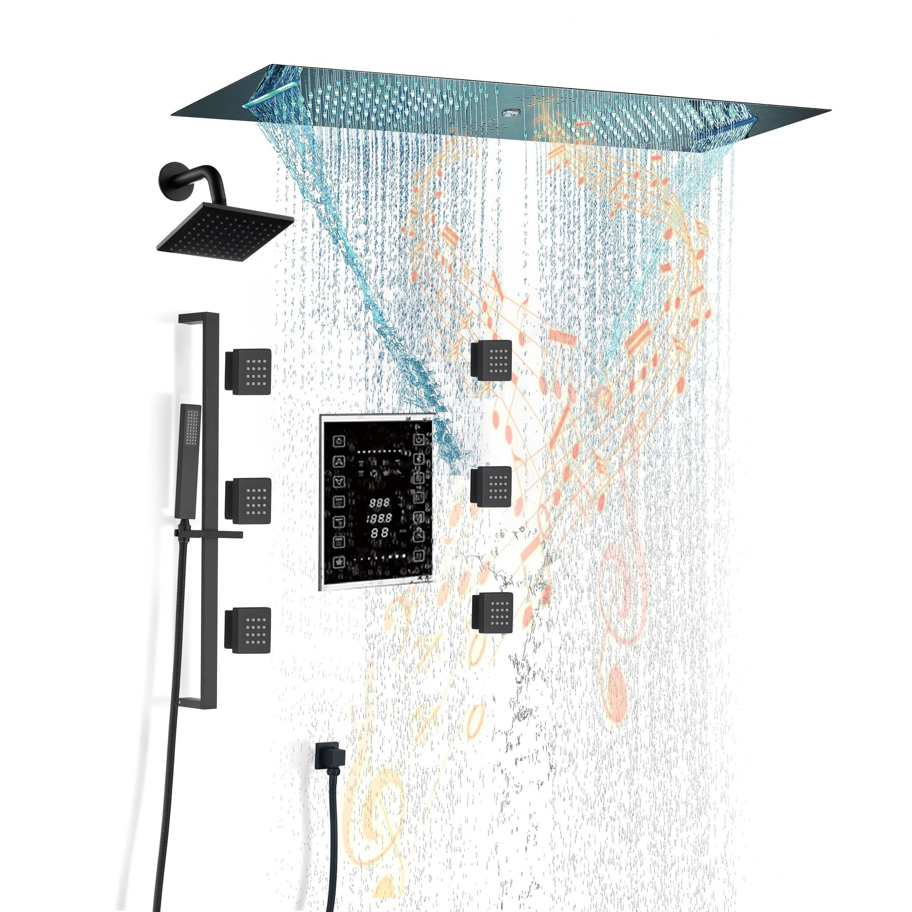 Chrome or brushed gold or brushed nickel or matte black 35" Bluetooth Music LED Shower System with Waterfall, 6-Way Touch Display Thermostatic Valve, Regular Head, 6 Body Jets - Image 15