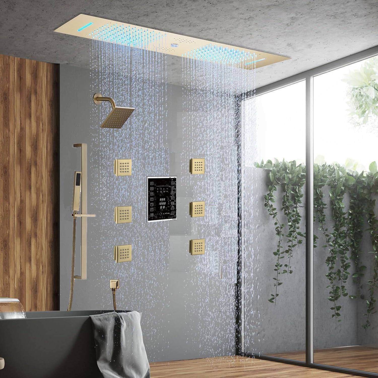 Chrome or brushed gold or brushed nickel or matte black 35" Bluetooth Music LED Shower System with Waterfall, 6-Way Touch Display Thermostatic Valve, Regular Head, 6 Body Jets - Image 16