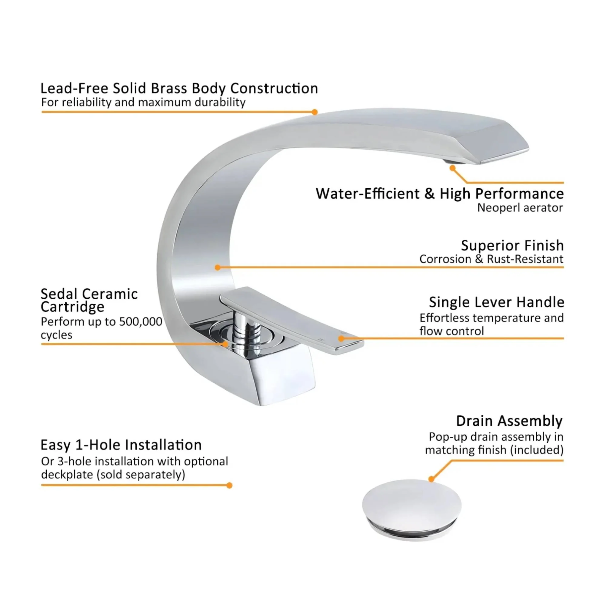 Chrome Bathroom Sink Faucet Single Handle Single Hole Lavatory Faucet with overflow pop up drain - Image 3