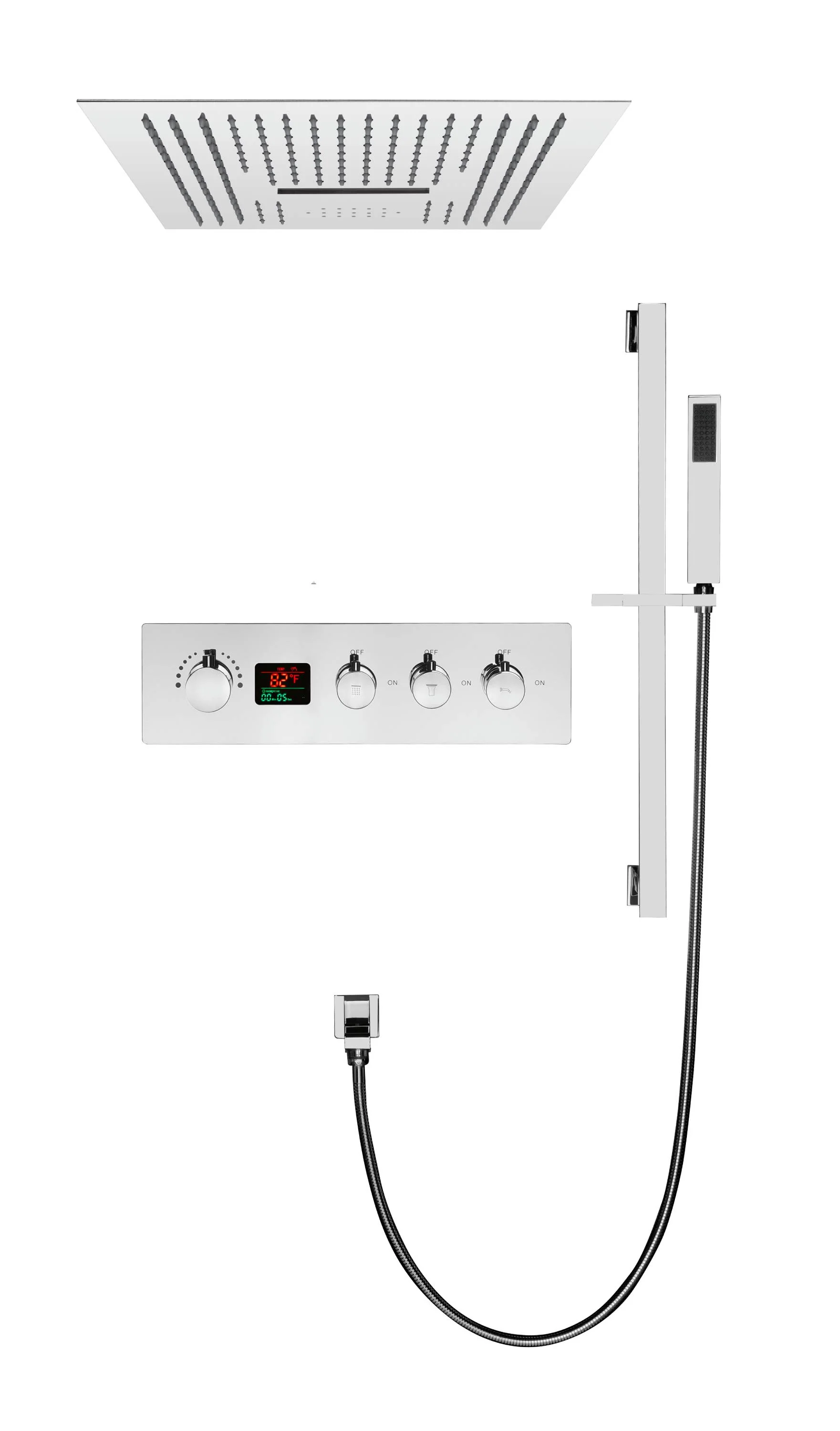 16-Inch Chrome Digital Thermostatic Shower System: 3-Way Control, Flush-Mounted, 64-Color LED Lighting, Bluetooth Music, Rainfall & Waterfall Features - Image 3