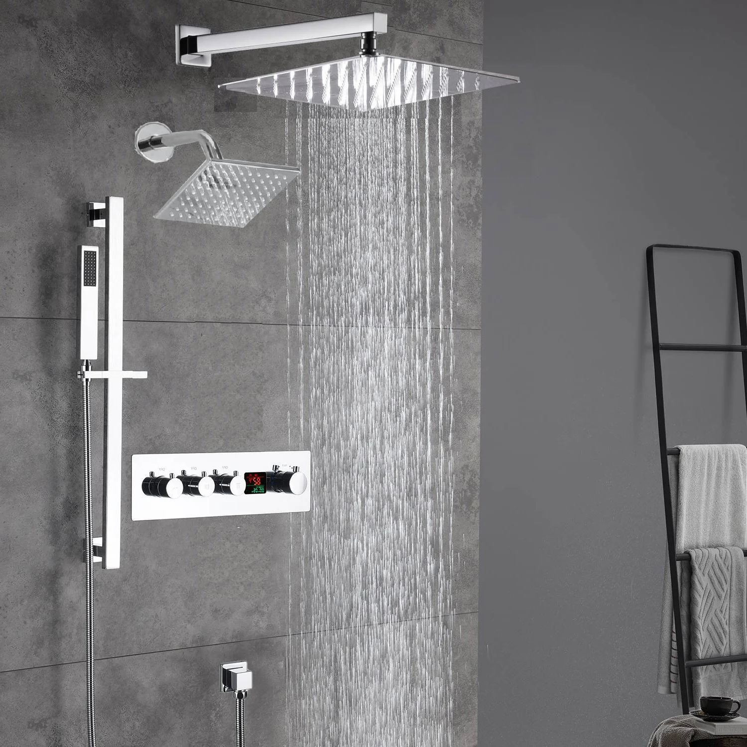 Chrome Wall Mount 12-Inch or 16-Inch Rain Shower System: LED or Non-LED, 3-Way Digital Thermostatic Control, Sliding Bar, and 6-Inch Regular Head - Image 3
