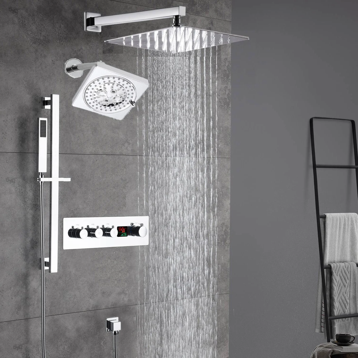 Chrome Wall Mount 12-Inch or 16-Inch Rain Shower System: LED or Non-LED, 3-Way Digital Thermostatic Control, Sliding Bar, and 6-Inch Regular Head - Image 4