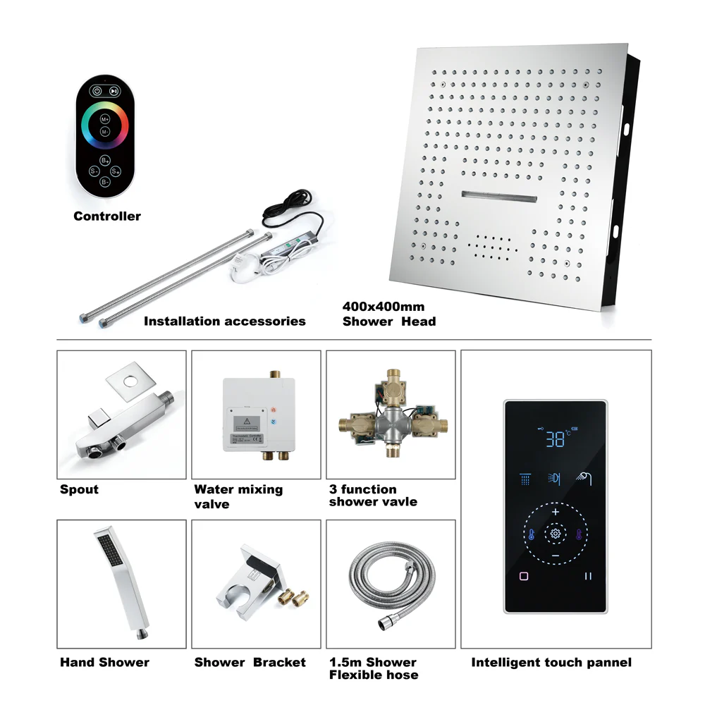 16" LED Chrome/Matte Black/Brushed Gold/Nickel Shower Head with 3-Way Thermostatic Valve, LED Display, 6 Body Jets - Image 11