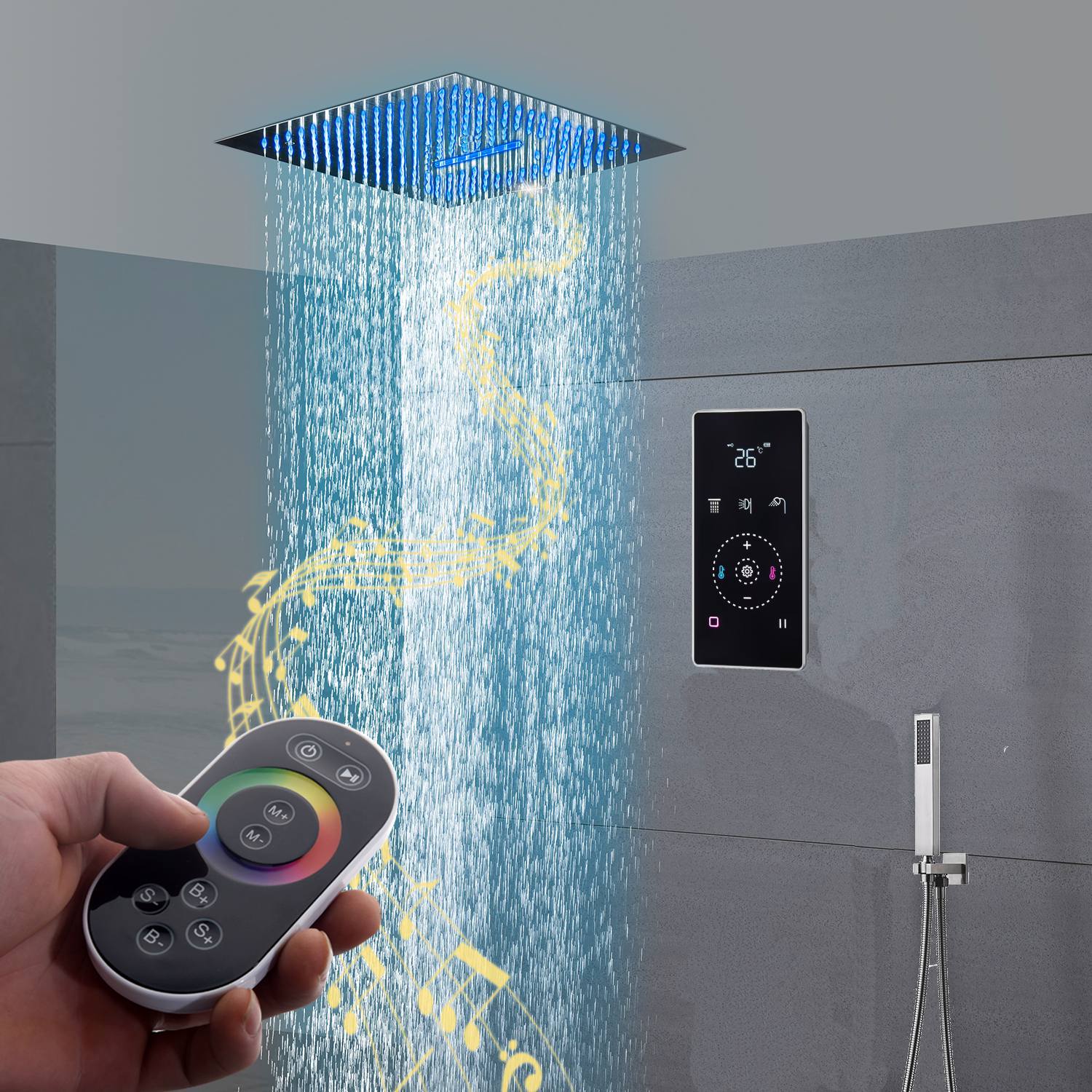 16" LED Chrome/Matte Black/Brushed Gold/Nickel Shower Head with 3-Way Thermostatic Valve, LED Display, 6 Body Jets - Image 3