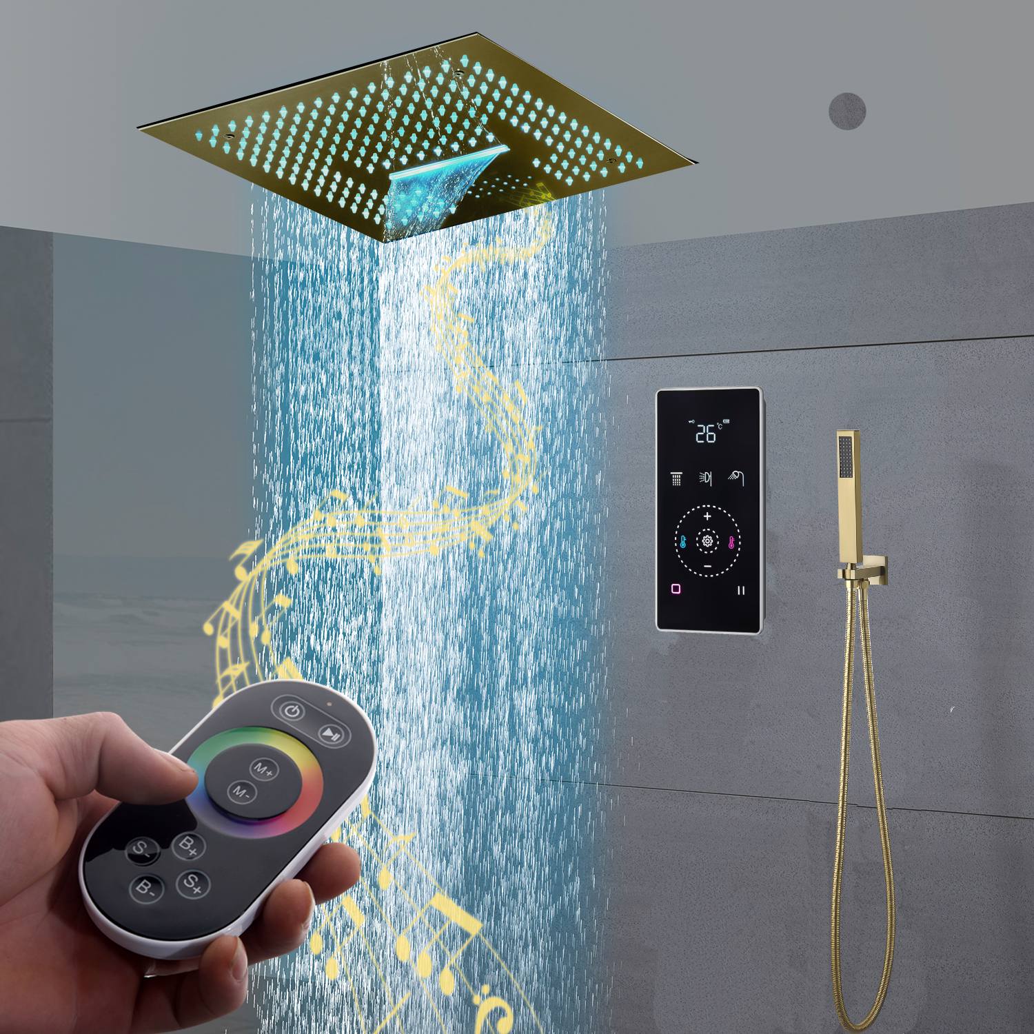 16" LED Chrome/Matte Black/Brushed Gold/Nickel Shower Head with 3-Way Thermostatic Valve, LED Display, 6 Body Jets - Image 4