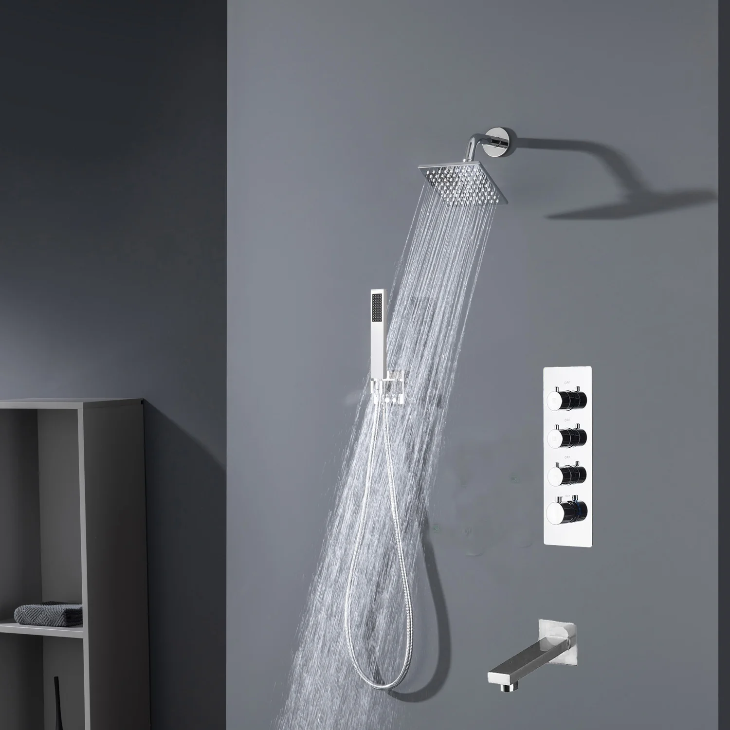 Chrome High Water Pressure 6'' Regular head Wall Mounted 3-Way thermostatic Shower Faucet System With tub Spout