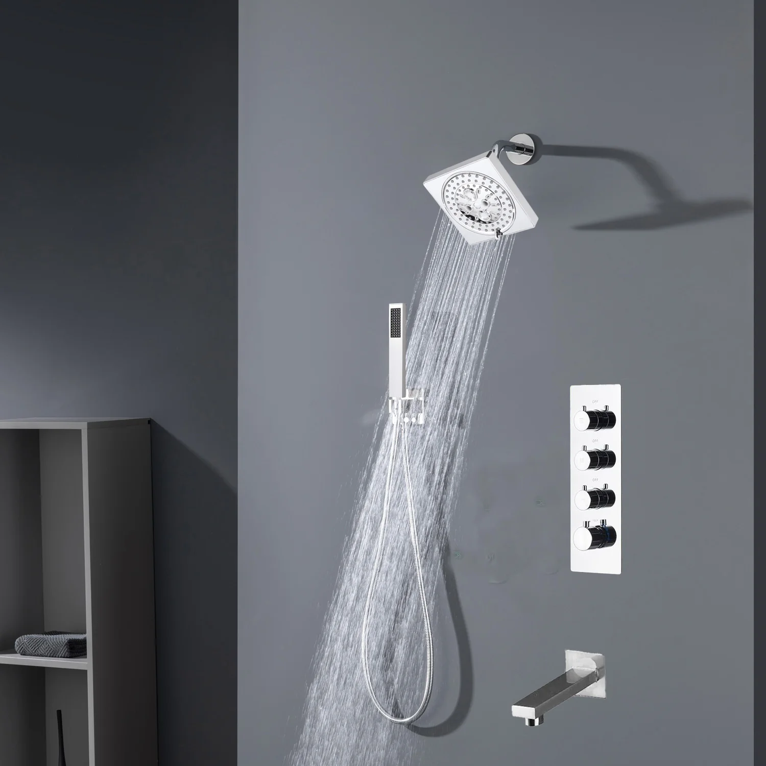 Chrome High Water Pressure 6'' Regular head Wall Mounted 3-Way thermostatic Shower Faucet System With tub Spout - Image 2