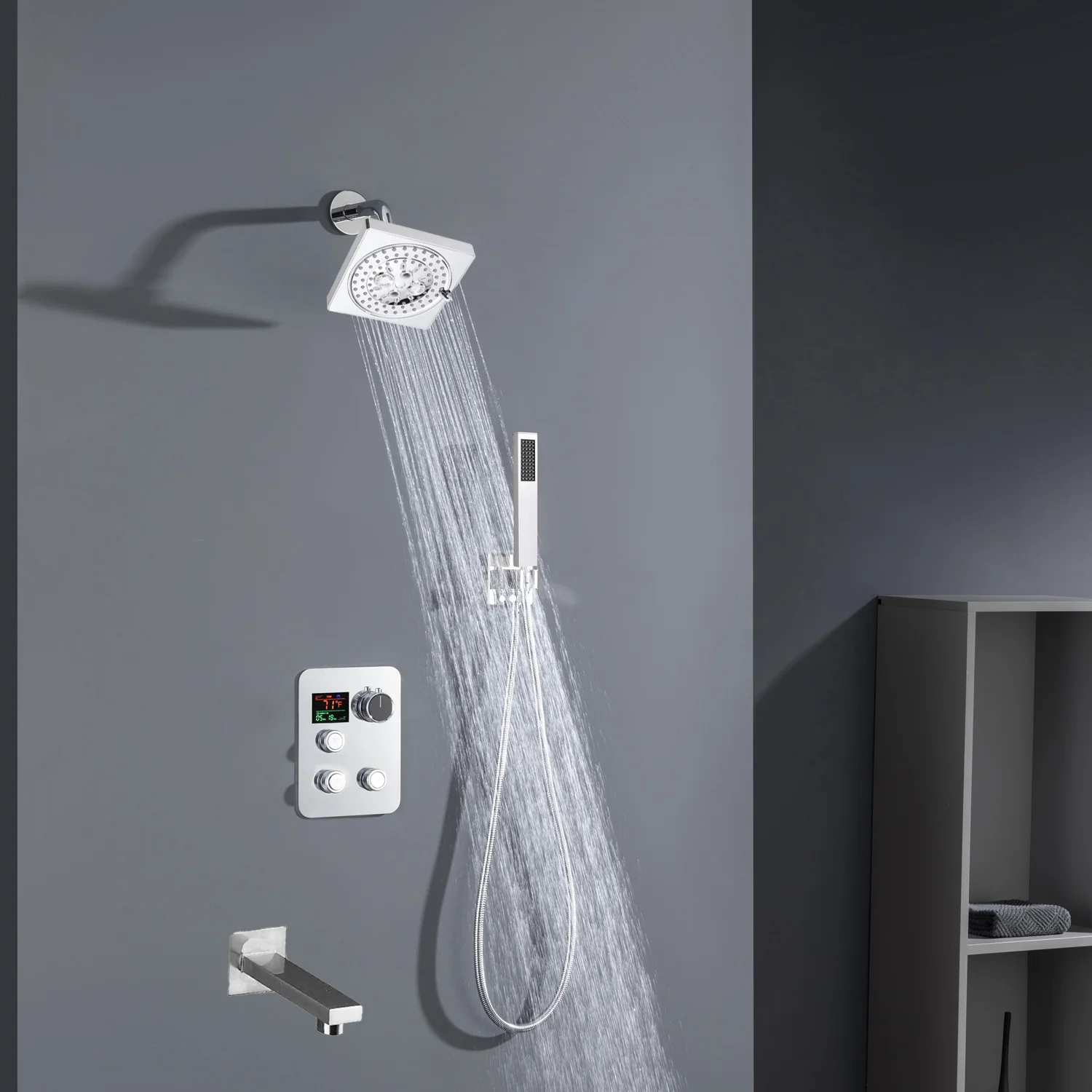 Chrome High Water Pressure 6'' Regular head Wall Mounted 3-Way thermostatic Shower Faucet System With tub Spout - Image 3