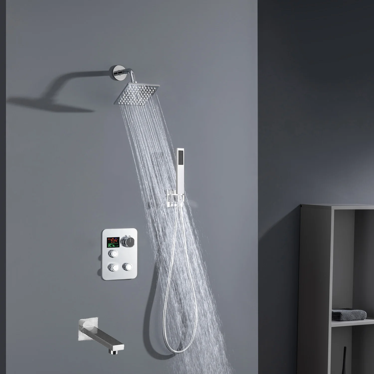 Chrome High Water Pressure 6'' Regular head Wall Mounted 3-Way thermostatic Shower Faucet System With tub Spout - Image 4