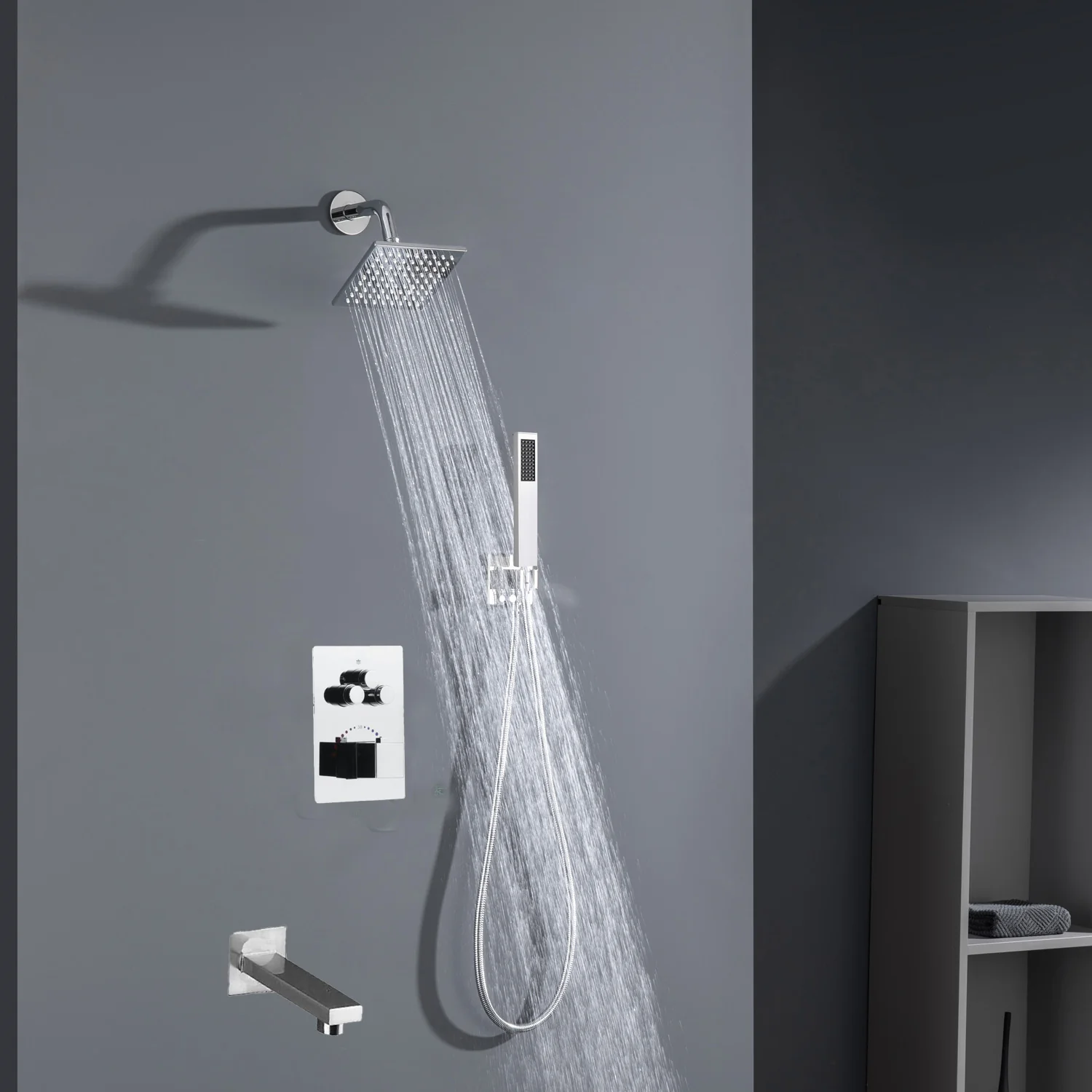 Chrome High Water Pressure 6'' Regular head Wall Mounted 3-Way thermostatic Shower Faucet System With tub Spout - Image 5