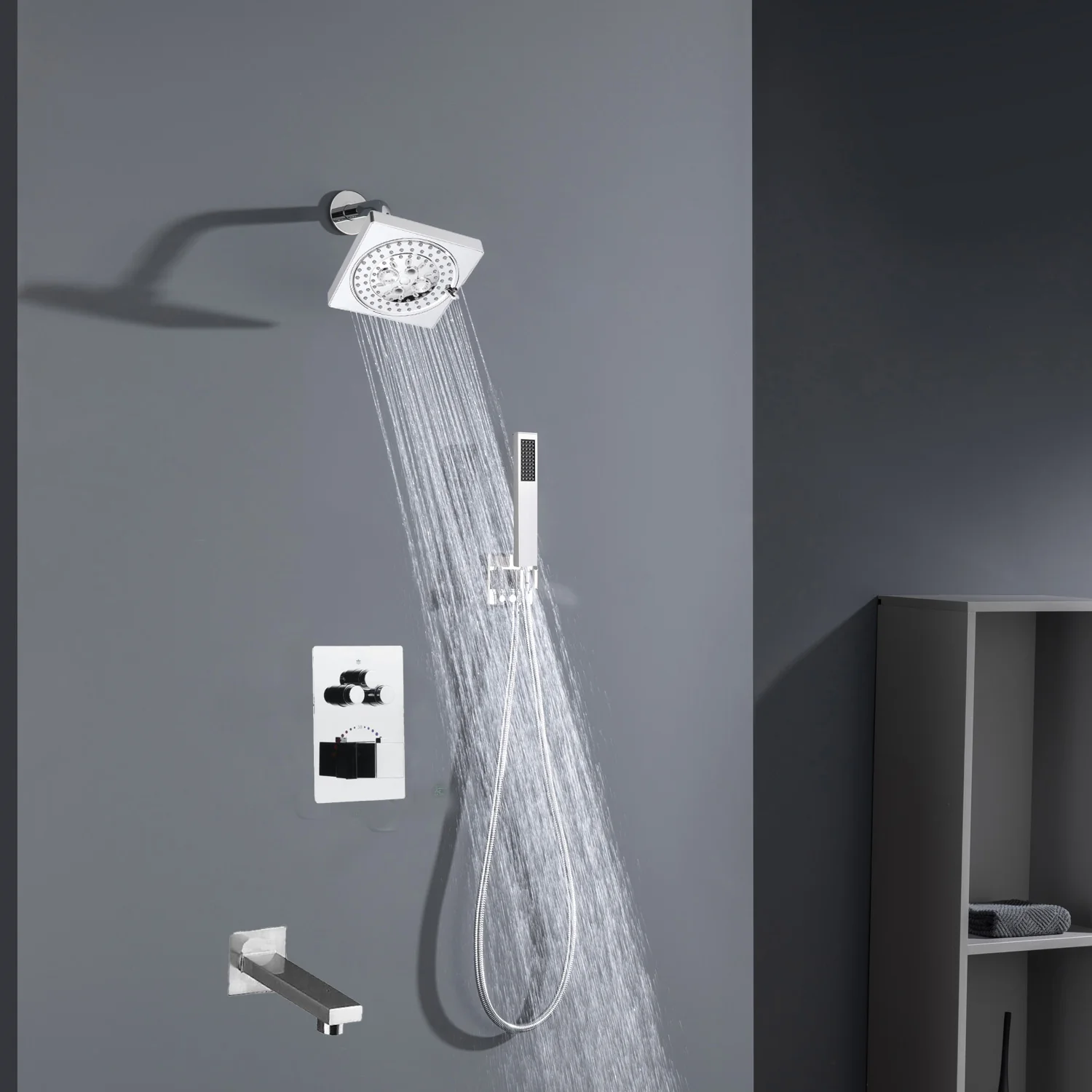 Chrome High Water Pressure 6'' Regular head Wall Mounted 3-Way thermostatic Shower Faucet System With tub Spout - Image 6