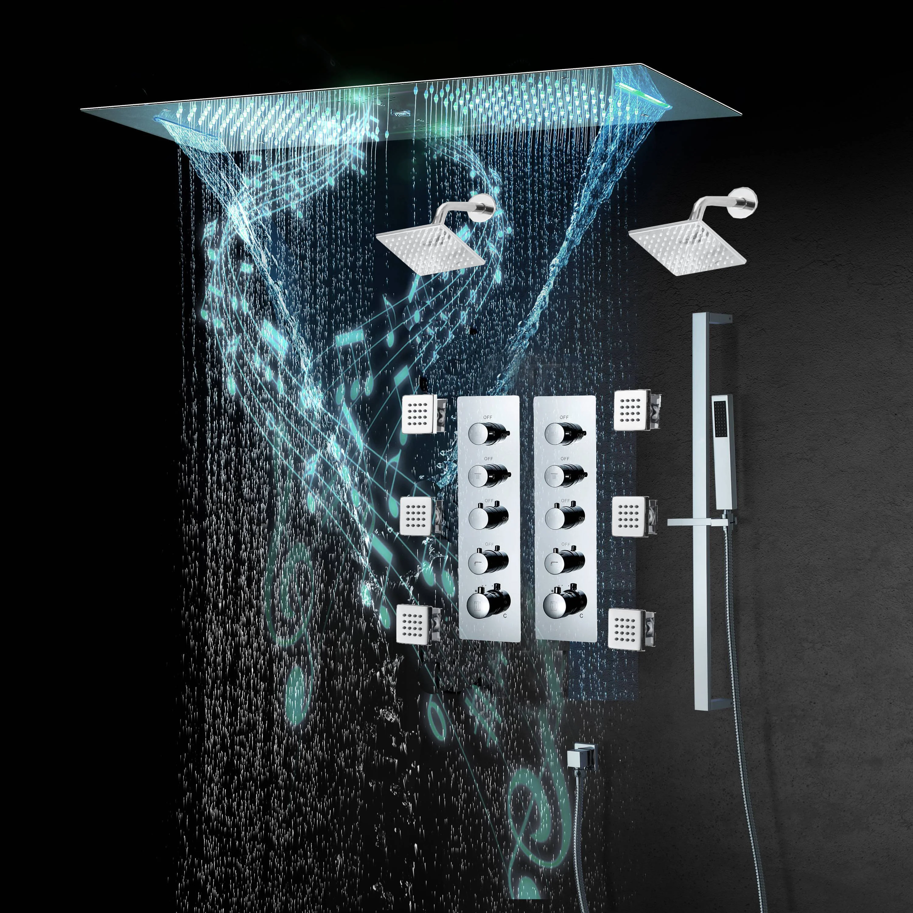 Chrome or matte black or brushed gold or brsuehd nickel 35" Bluetooth Music LED Shower System with Waterfall, 8-Way Thermostatic Valve, Dual Regular Heads, 6 Body Jets - Image 2