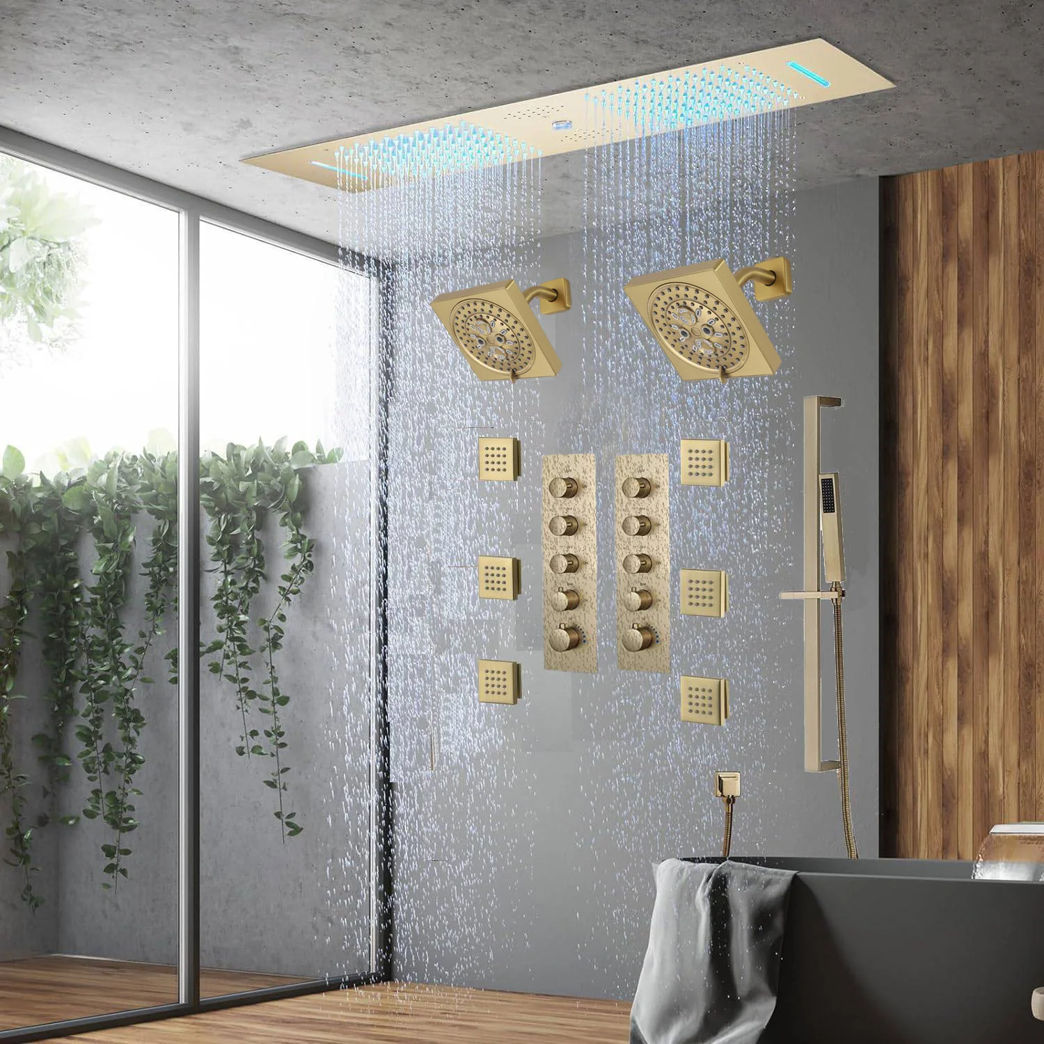Chrome or matte black or brushed gold or brsuehd nickel 35" Bluetooth Music LED Shower System with Waterfall, 8-Way Thermostatic Valve, Dual Regular Heads, 6 Body Jets - Image 3