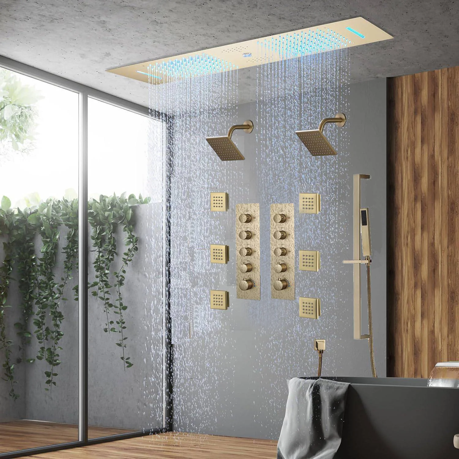 Chrome or matte black or brushed gold or brsuehd nickel 35" Bluetooth Music LED Shower System with Waterfall, 8-Way Thermostatic Valve, Dual Regular Heads, 6 Body Jets - Image 4