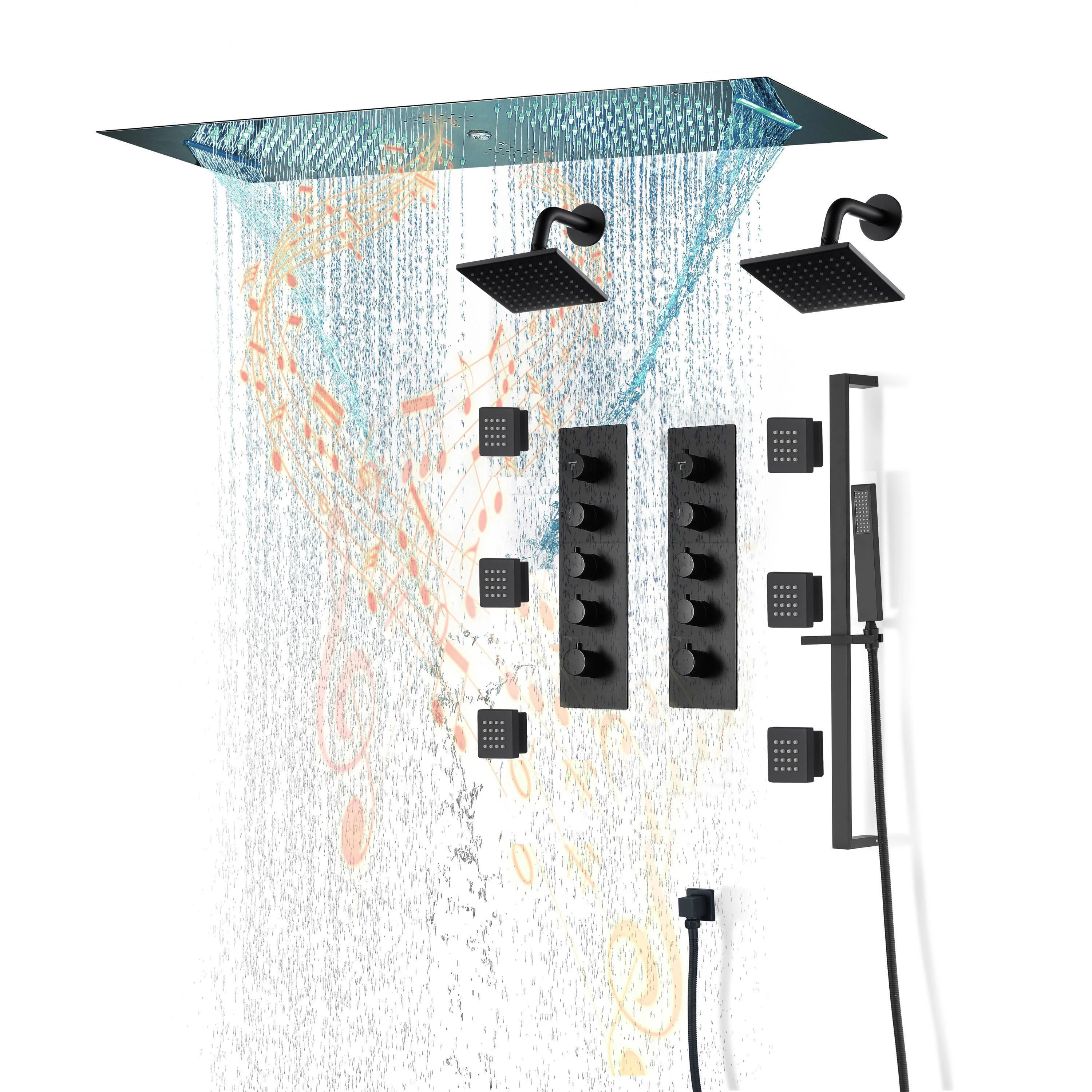 Chrome or matte black or brushed gold or brsuehd nickel 35" Bluetooth Music LED Shower System with Waterfall, 8-Way Thermostatic Valve, Dual Regular Heads, 6 Body Jets - Image 5