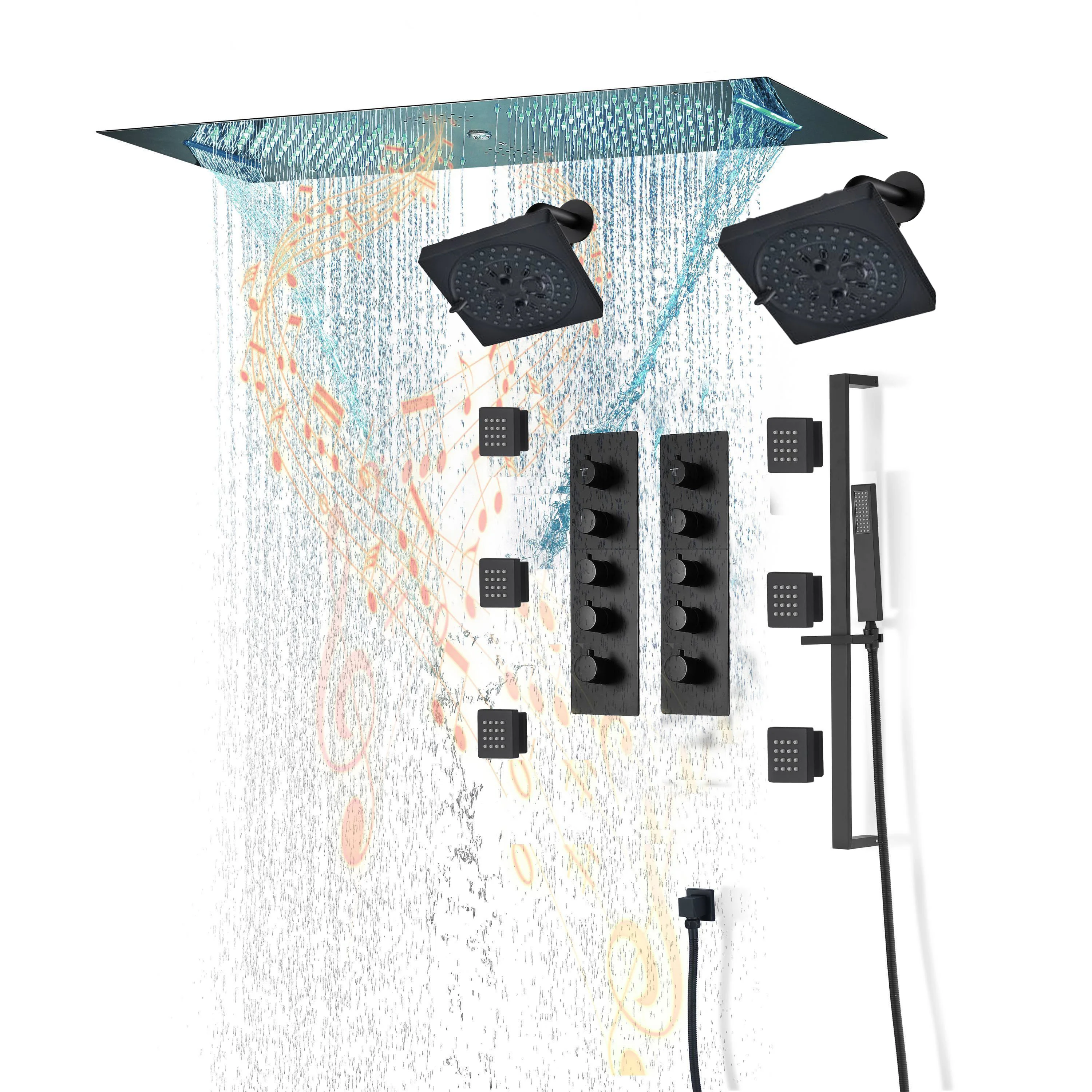 Chrome or matte black or brushed gold or brsuehd nickel 35" Bluetooth Music LED Shower System with Waterfall, 8-Way Thermostatic Valve, Dual Regular Heads, 6 Body Jets - Image 6