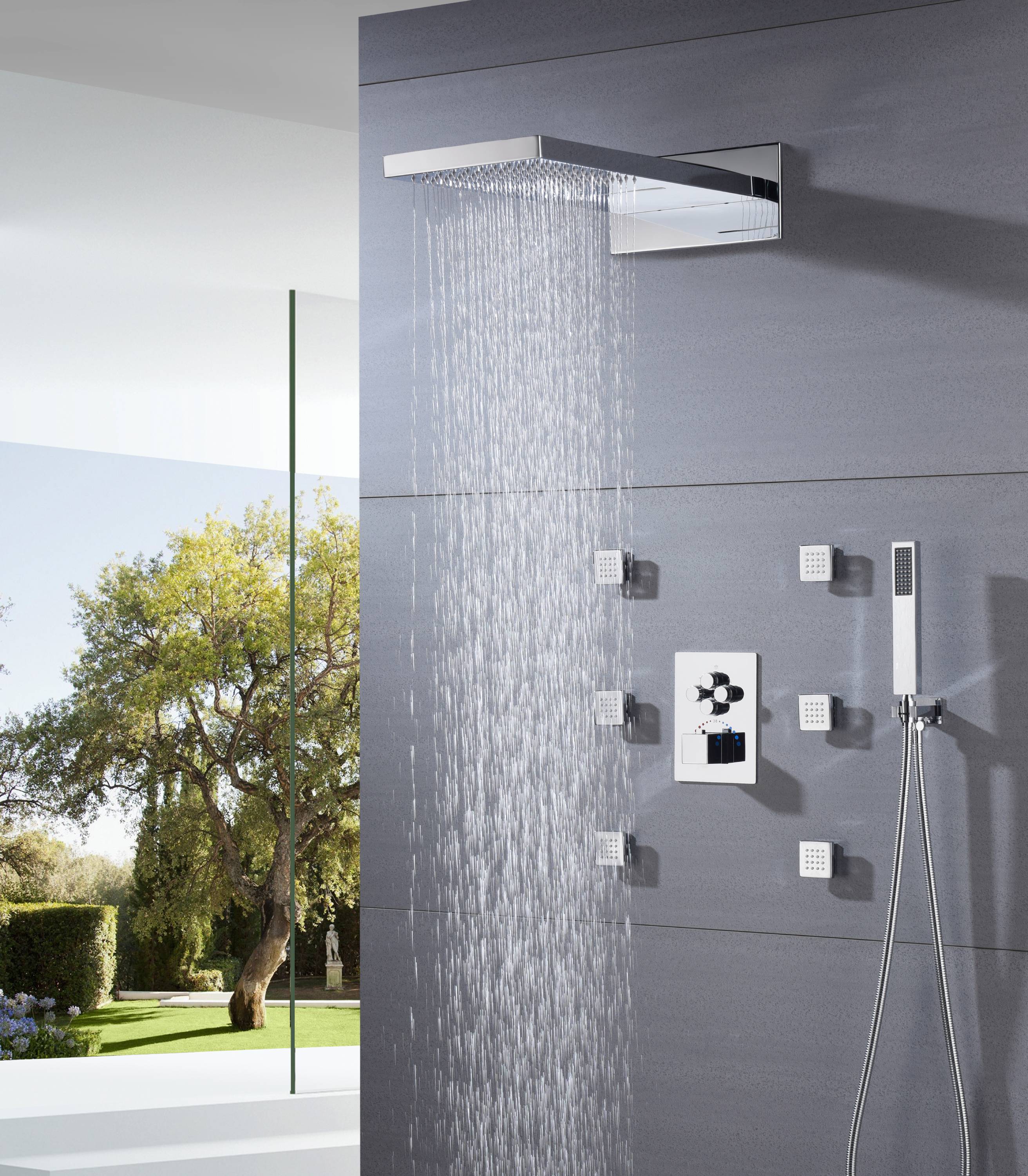 4 way thermostatic valve Chrome 22'' Thermostatic Shower Faucet Set Waterfall&Rain Massage Body Jet - Image 3
