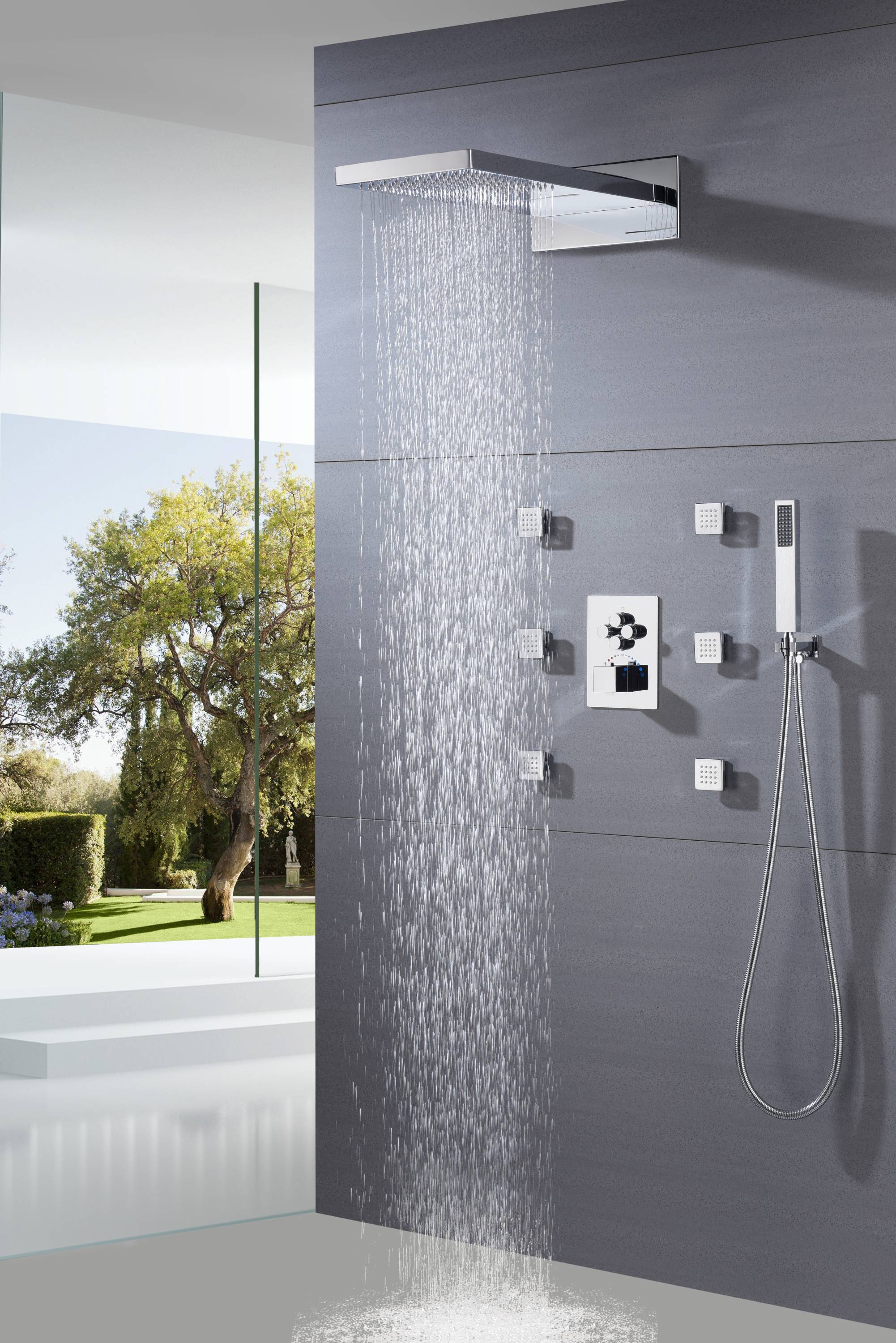 4 way thermostatic valve Chrome 22'' Thermostatic Shower Faucet Set Waterfall&Rain Massage Body Jet - Image 4