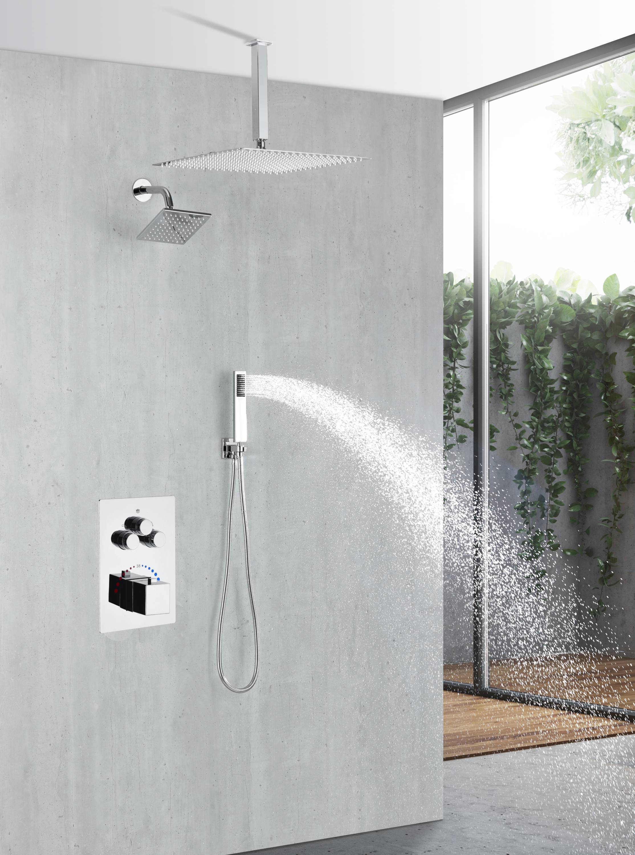 Chrome Ceiling Mounted 3-Way Thermostatic Shower Faucet with Wall Mount Regular Shower Head and 6-Inch Wall Mount Rainfall Shower Head - Image 3