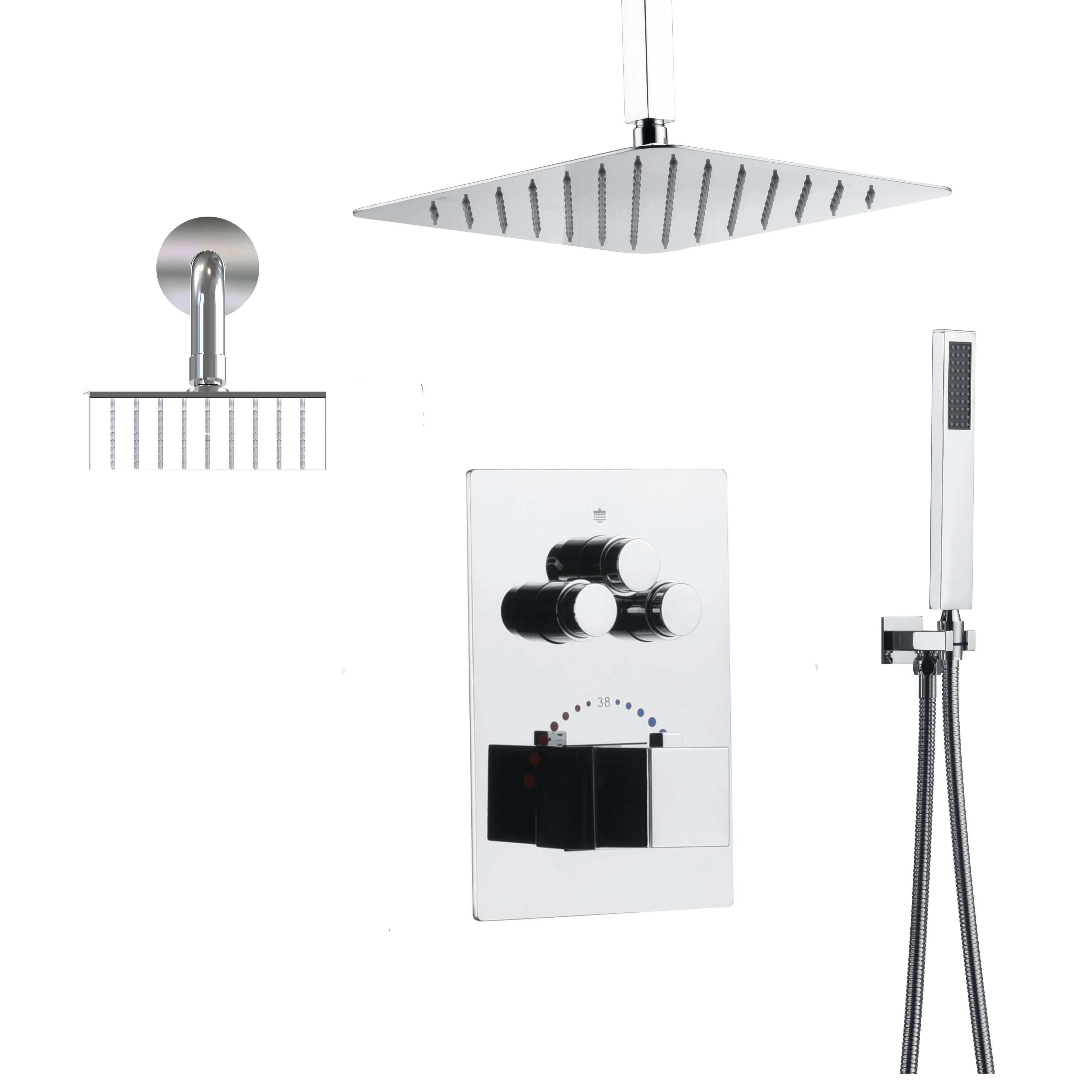 Chrome Ceiling Mounted 3-Way Thermostatic Shower Faucet with Wall Mount Regular Shower Head and 6-Inch Wall Mount Rainfall Shower Head - Image 4