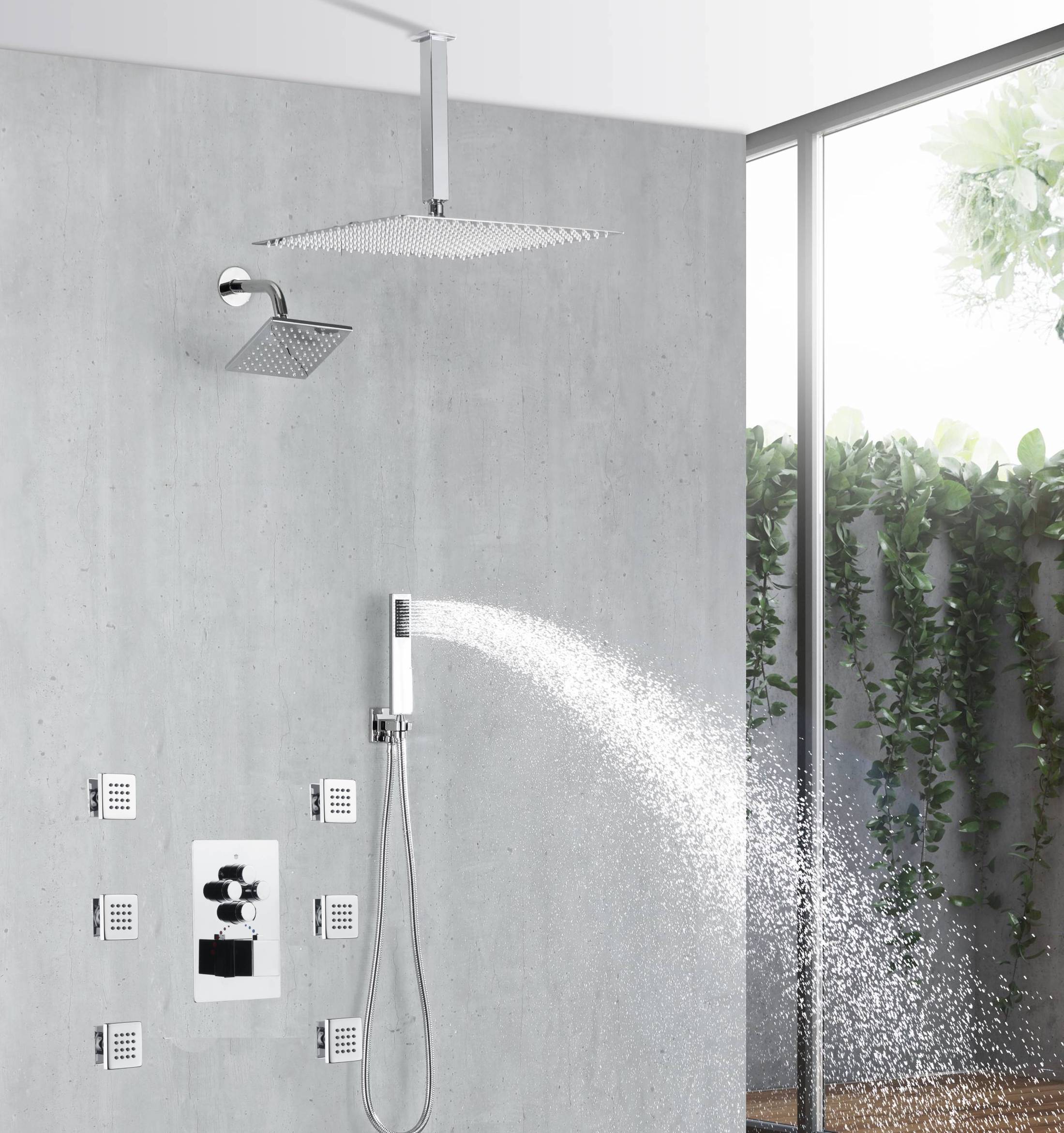Chrome 4-Way Thermostatic Shower Faucet with 6'' Regular Head, 12'' or 16'' Rainfall Head, Body Jets, Optional LED Light - Image 2