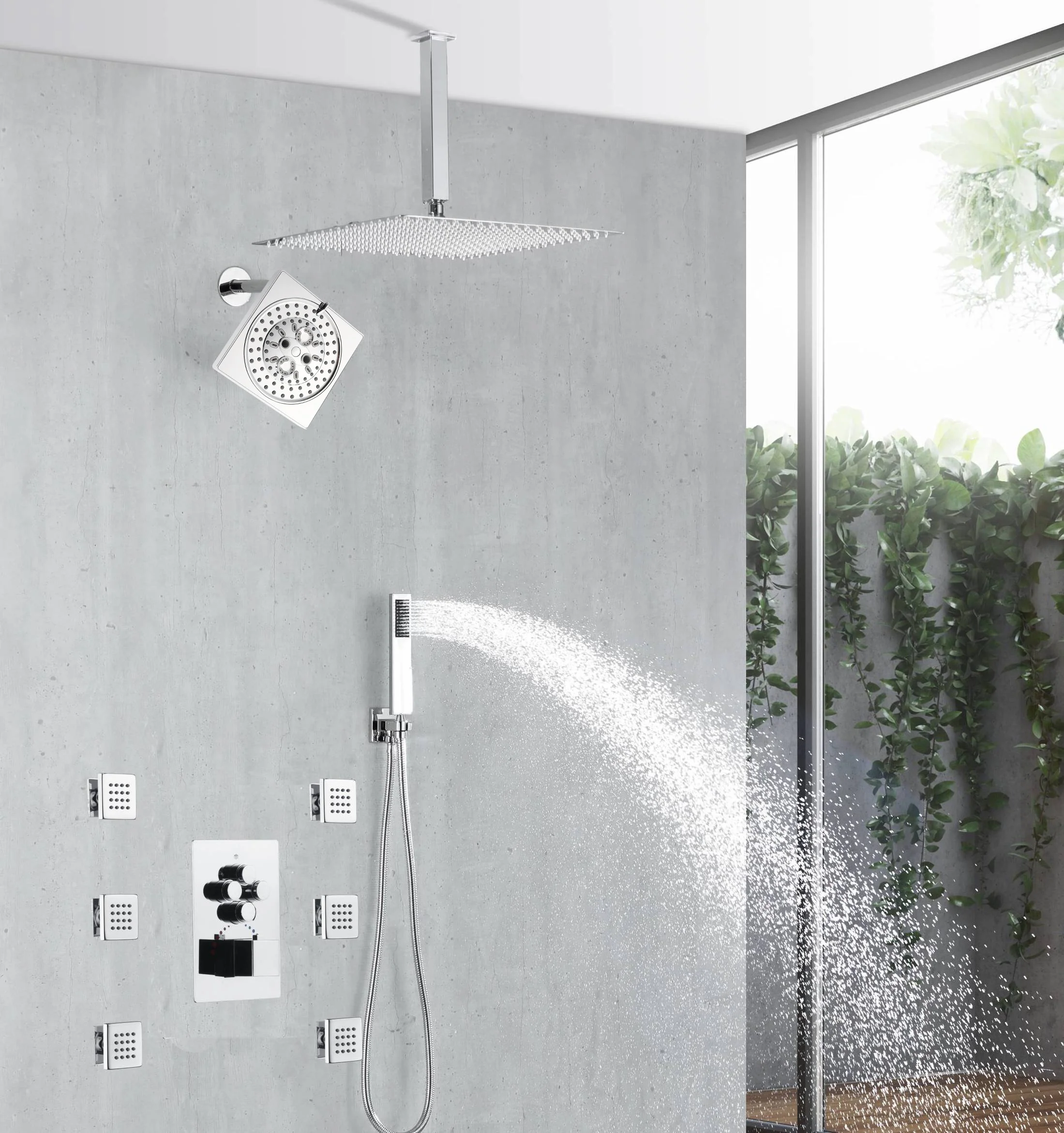 Chrome 4-Way Thermostatic Shower Faucet with 6'' Regular Head, 12'' or 16'' Rainfall Head, Body Jets, Optional LED Light - Image 3