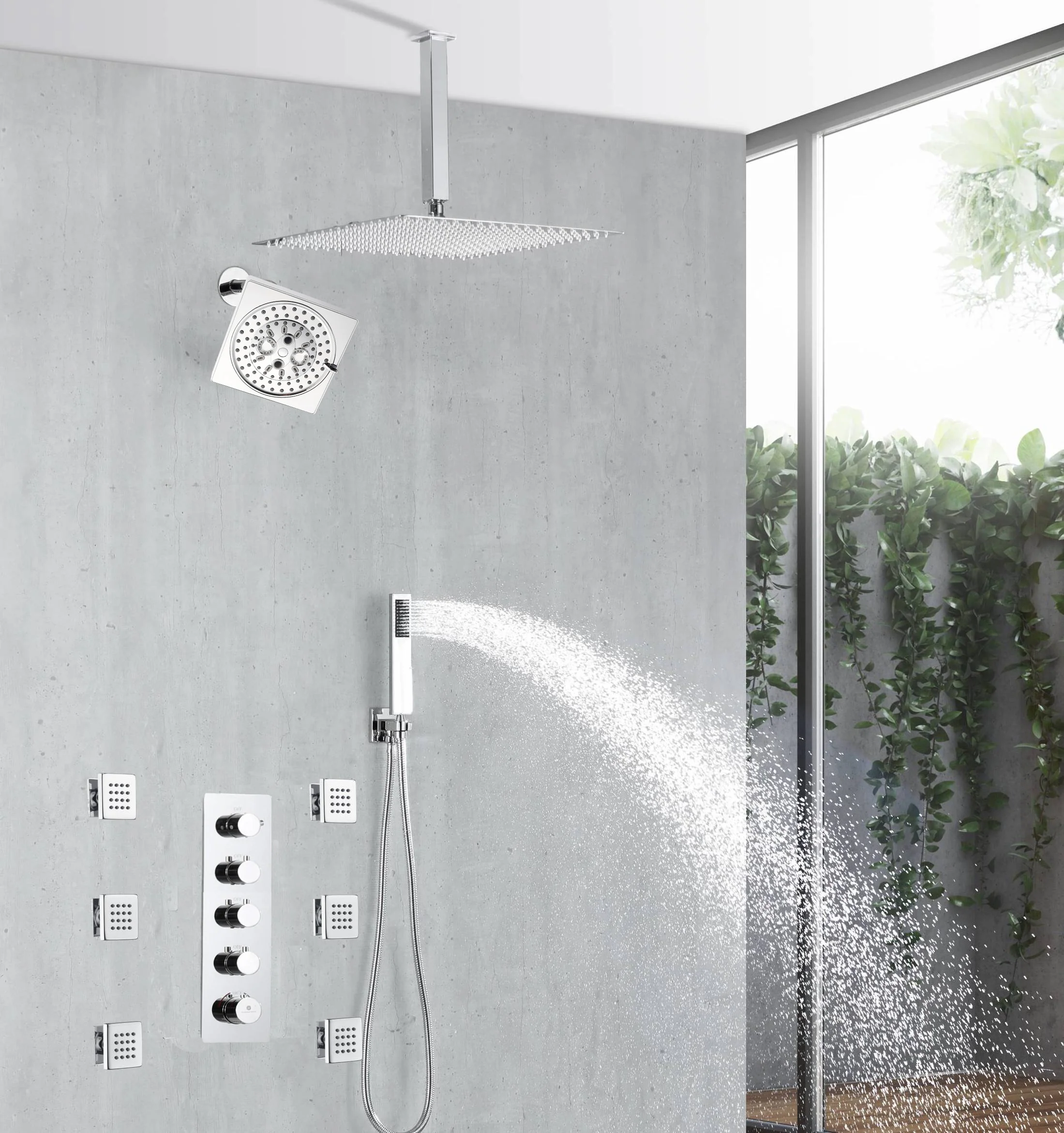 Chrome 4-Way Thermostatic Shower Faucet with 6'' Regular Head, 12'' or 16'' Rainfall Head, Body Jets, Optional LED Light - Image 4