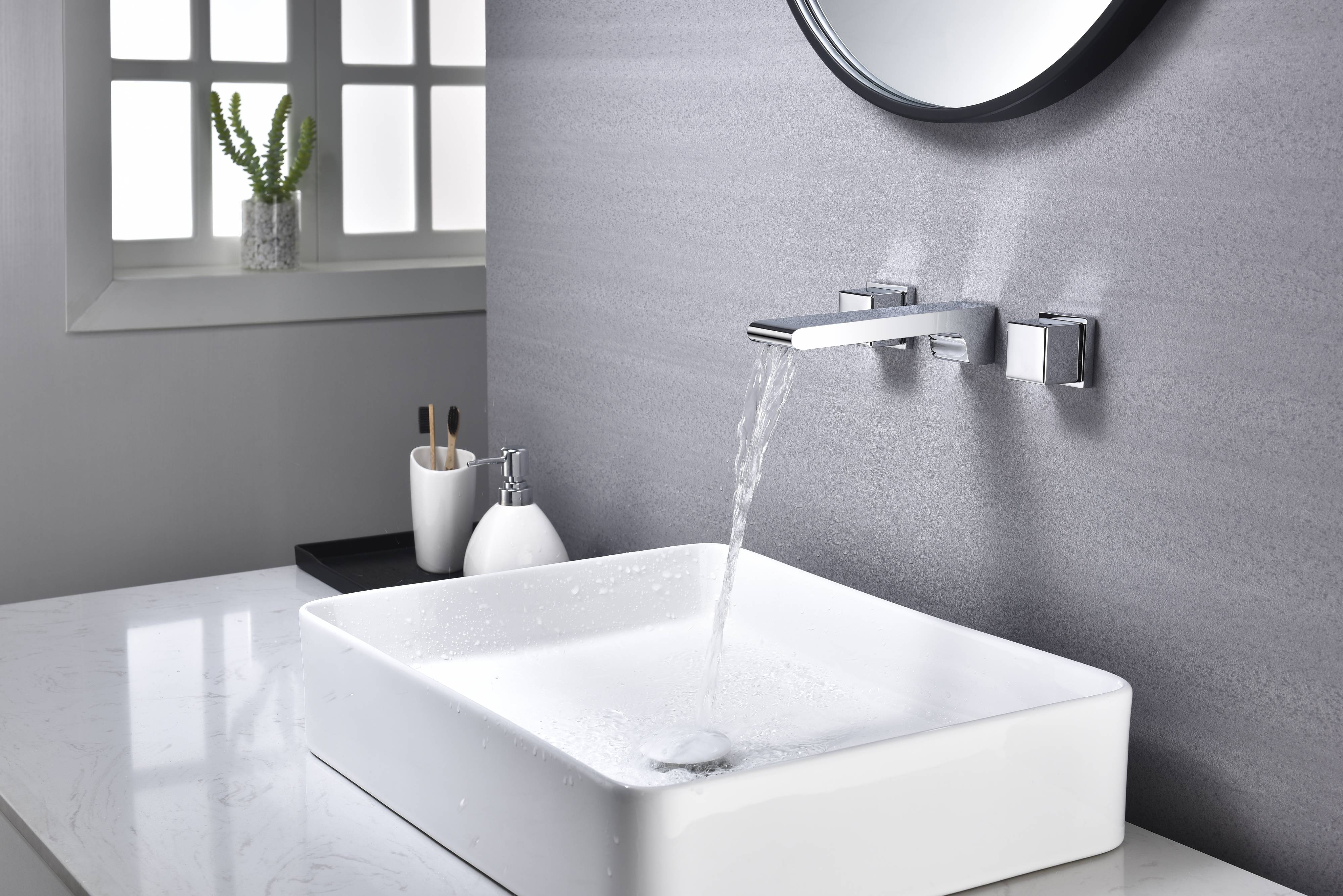 Chrome waterfall Wall mount 3 holes two handles bathroom sink faucet with brass pop up overflow drain - Image 3