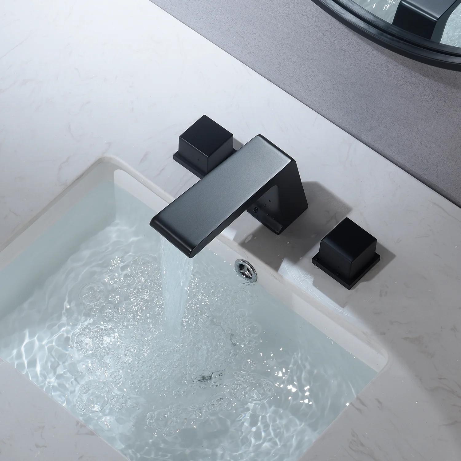 Widespread Matte Black Two Handles 3-Hole Bathroom Sink Faucet with Pop-Up Overflow Brass Drain - Image 4