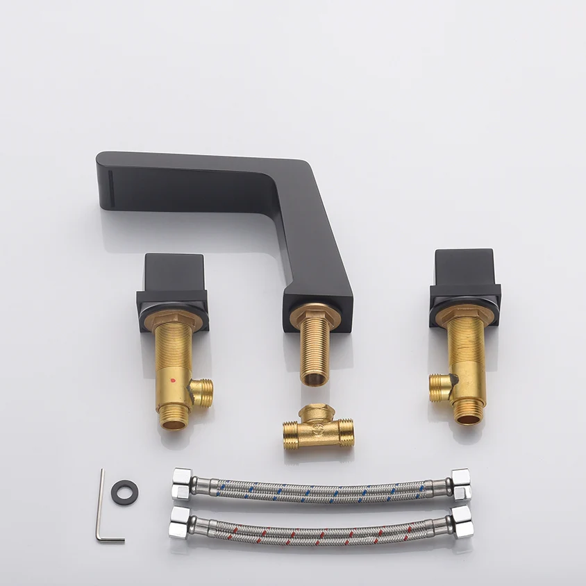 Widespread Matte Black Two Handles 3-Hole Bathroom Sink Faucet with Pop-Up Overflow Brass Drain - Image 6