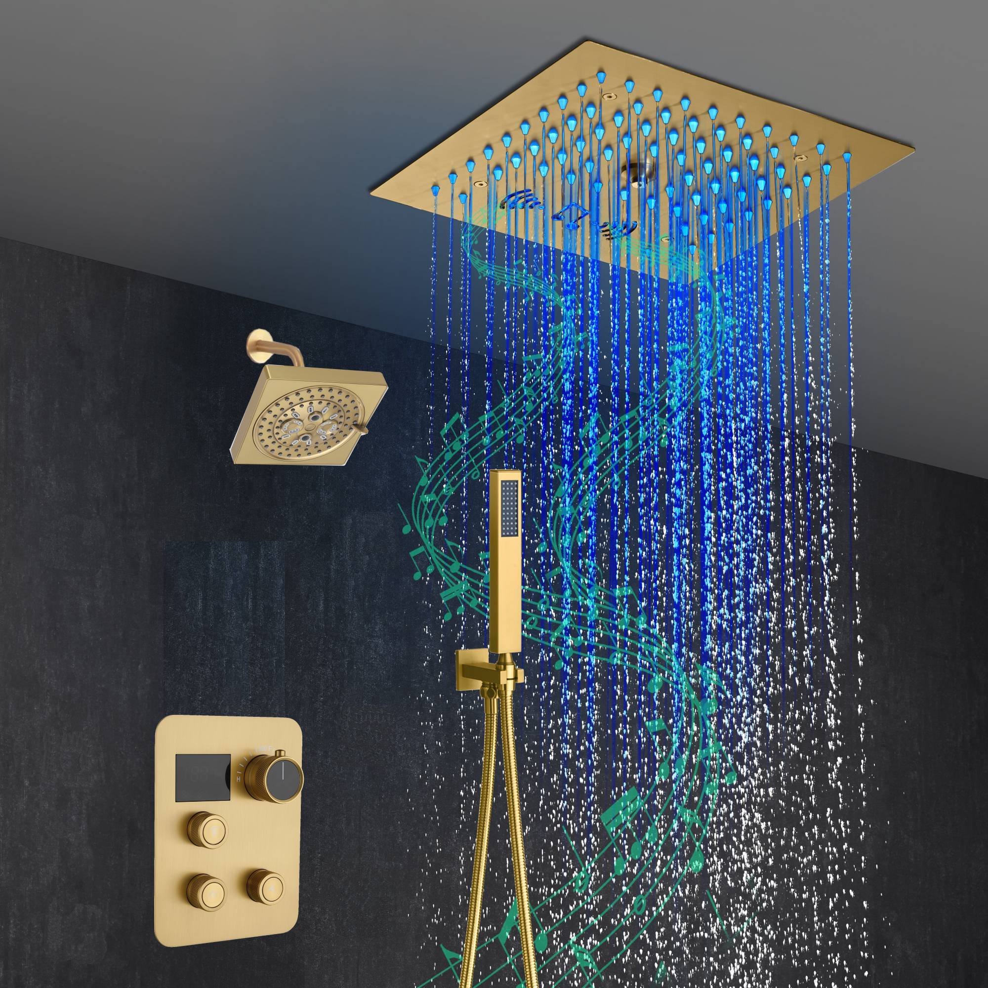 12" Brushed Gold Bluetooth Music, 64-Color LED Thermostatic Shower Faucet - Image 2