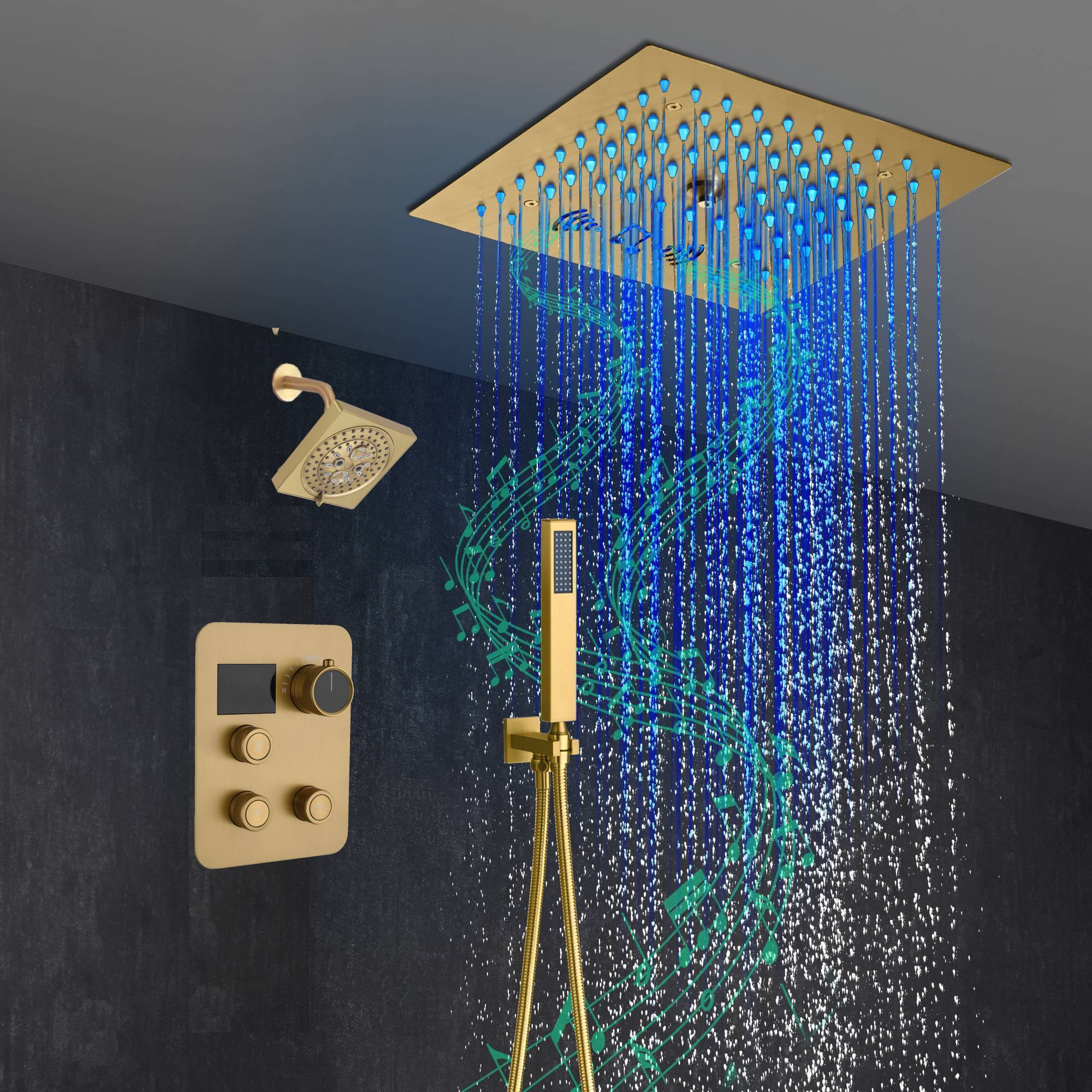 12-Inch Brushed Gold Flush Mount Shower Faucet Set: 3-Way Thermostatic Control, 64-Color LED Lights, Bluetooth Music, and Regular Head - Image 2