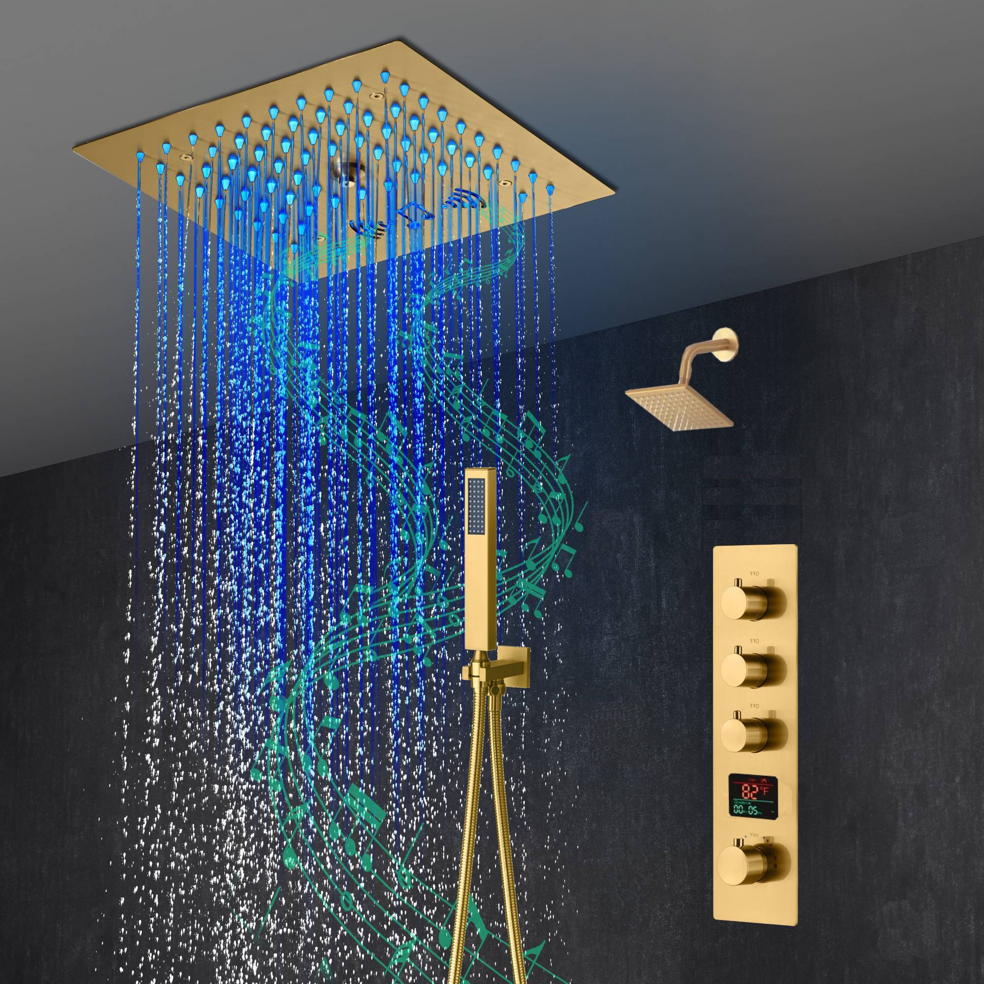 12-Inch Brushed Gold Flush Mount Shower Faucet Set: 3-Way Thermostatic Control, 64-Color LED Lights, Bluetooth Music, and Regular Head - Image 3