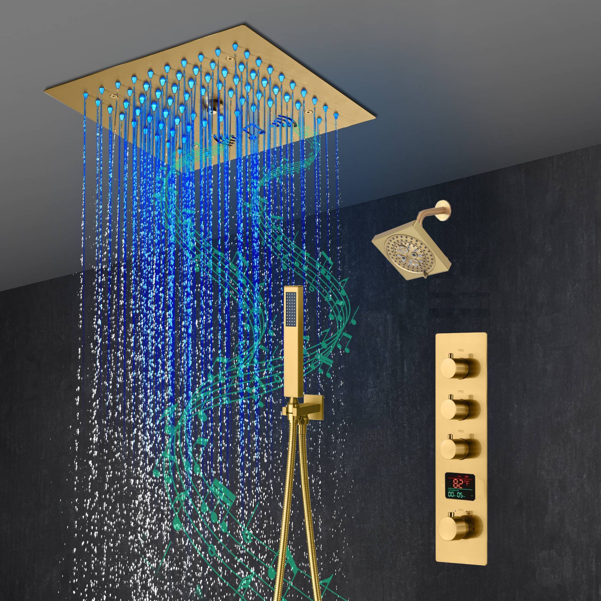12-Inch Brushed Gold Flush Mount Shower Faucet Set: 3-Way Thermostatic Control, 64-Color LED Lights, Bluetooth Music, and Regular Head - Image 4