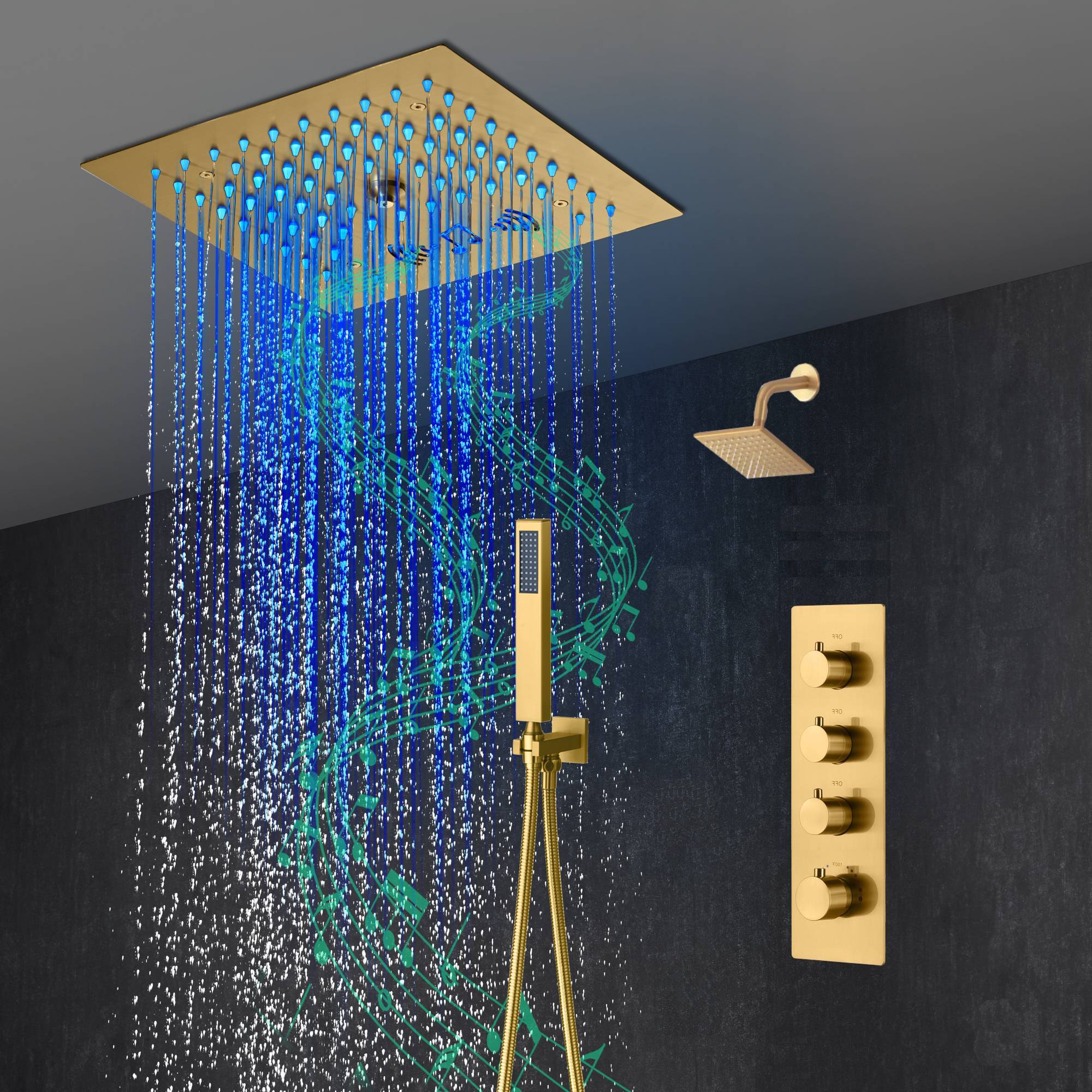 12-Inch Brushed Gold Flush Mount Shower Faucet Set: 3-Way Thermostatic Control, 64-Color LED Lights, Bluetooth Music, and Regular Head - Image 5
