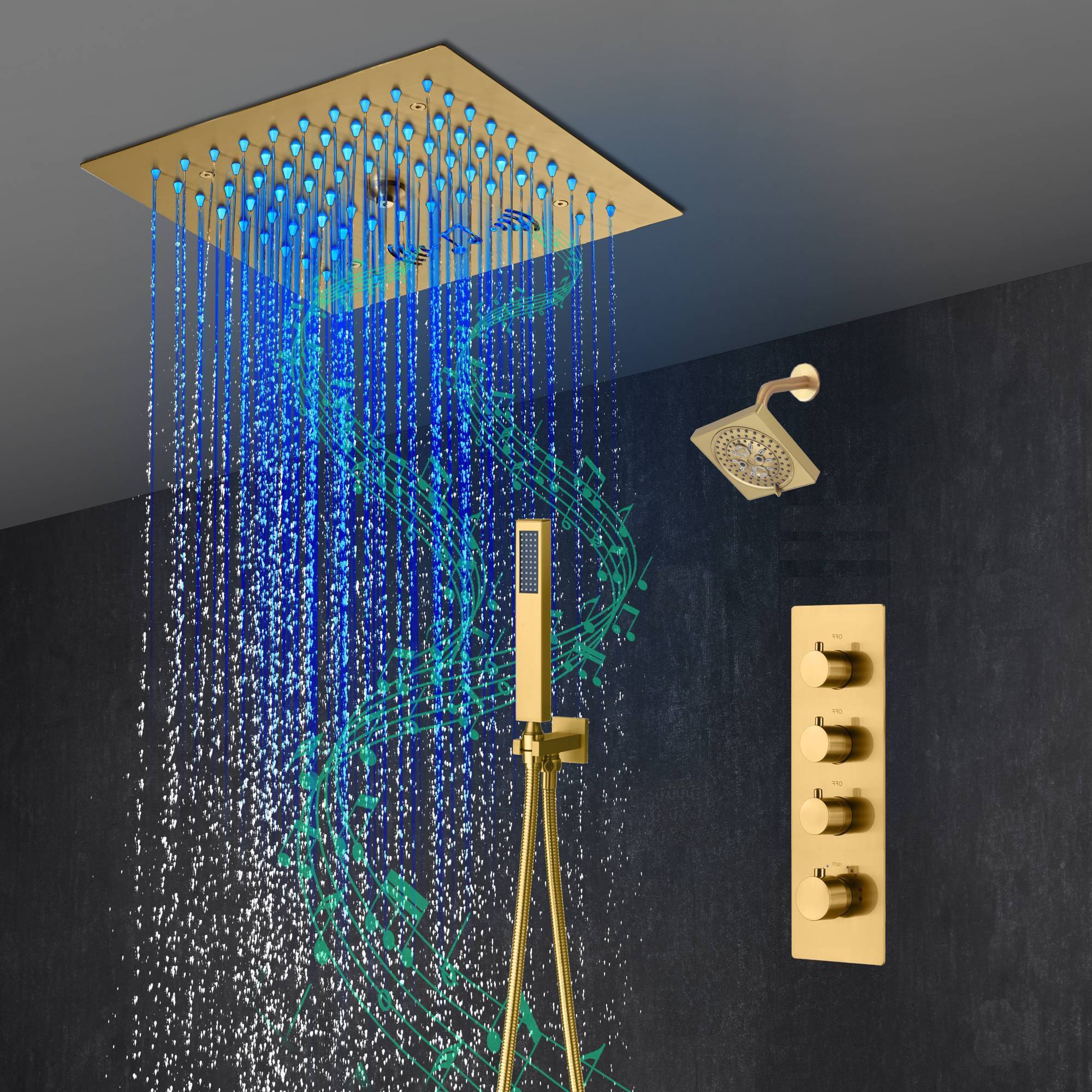 12-Inch Brushed Gold Flush Mount Shower Faucet Set: 3-Way Thermostatic Control, 64-Color LED Lights, Bluetooth Music, and Regular Head - Image 6