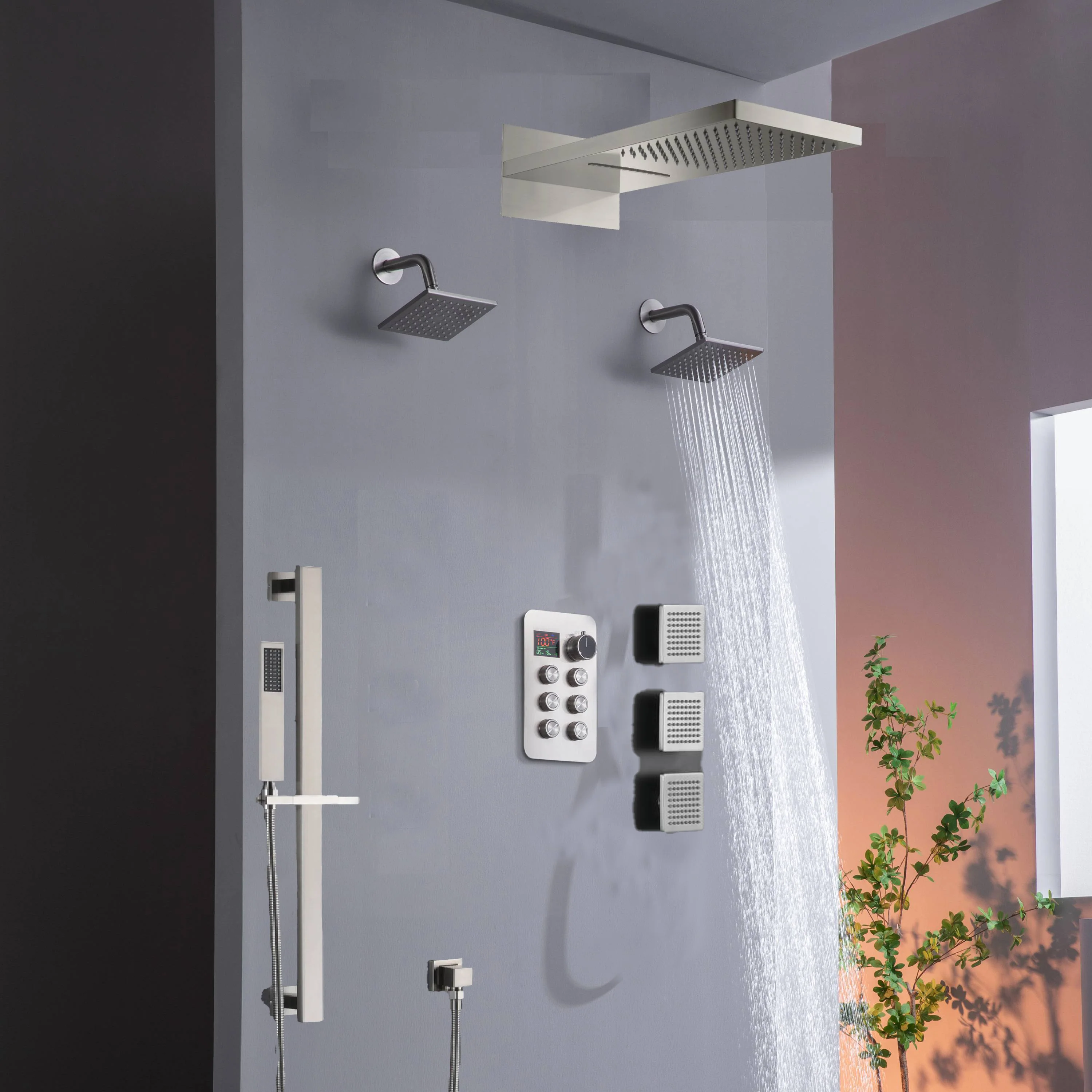 22" Rainfall Waterfall Shower System with 6-Way Thermostatic Faucet, Dual Regular Head, Body Jets - Image 10